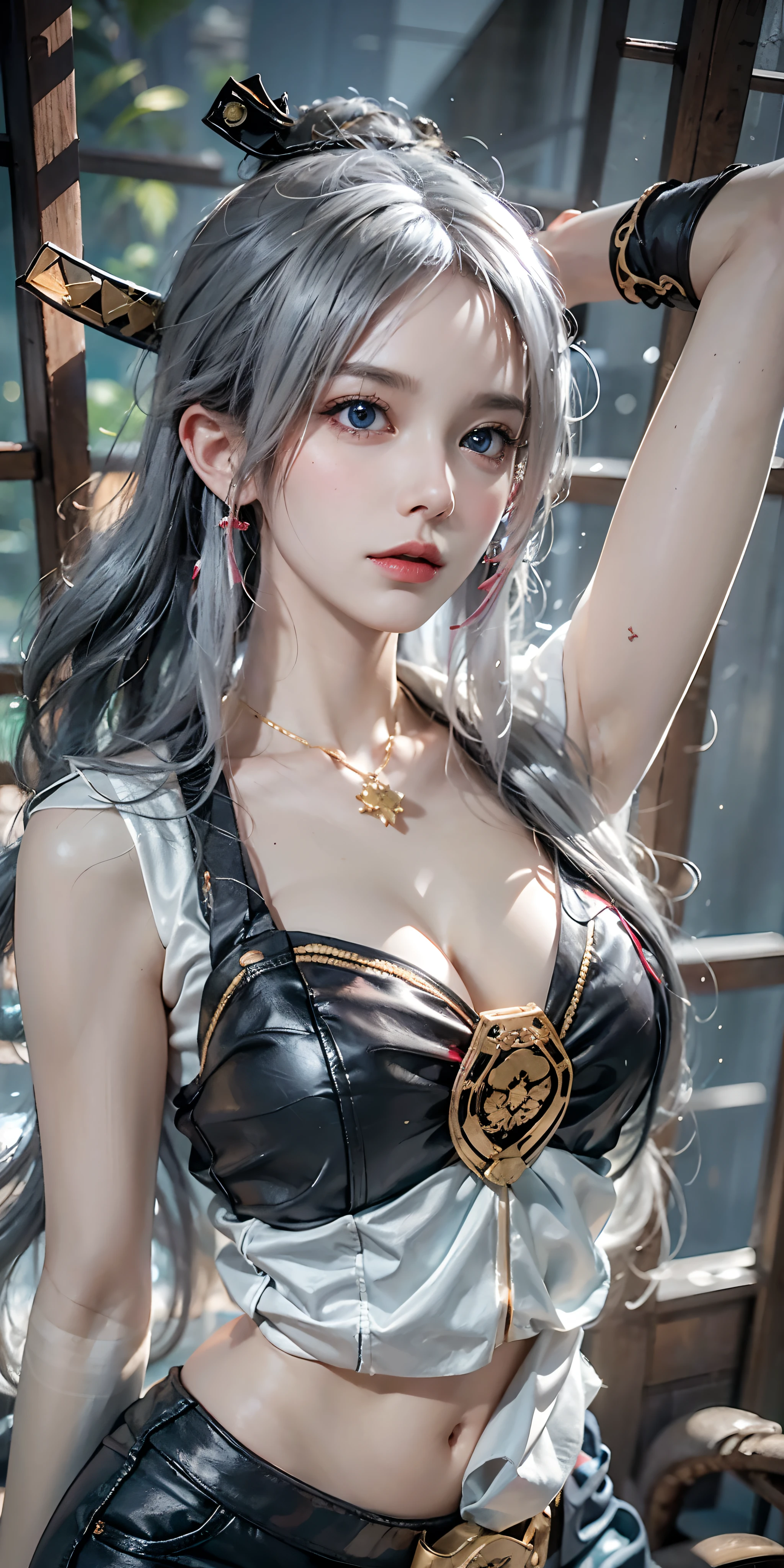 photorealistic, high resolution, soft light,1women, solo, hips up, (detailed face), nami \(one piece\), tattoo, jewelry,long_hair, fireflies, light_particles, pine_tree, snowflake_background, milky_way, aerial_fireworks, headdress, arms behind body, blue_eyes, katana