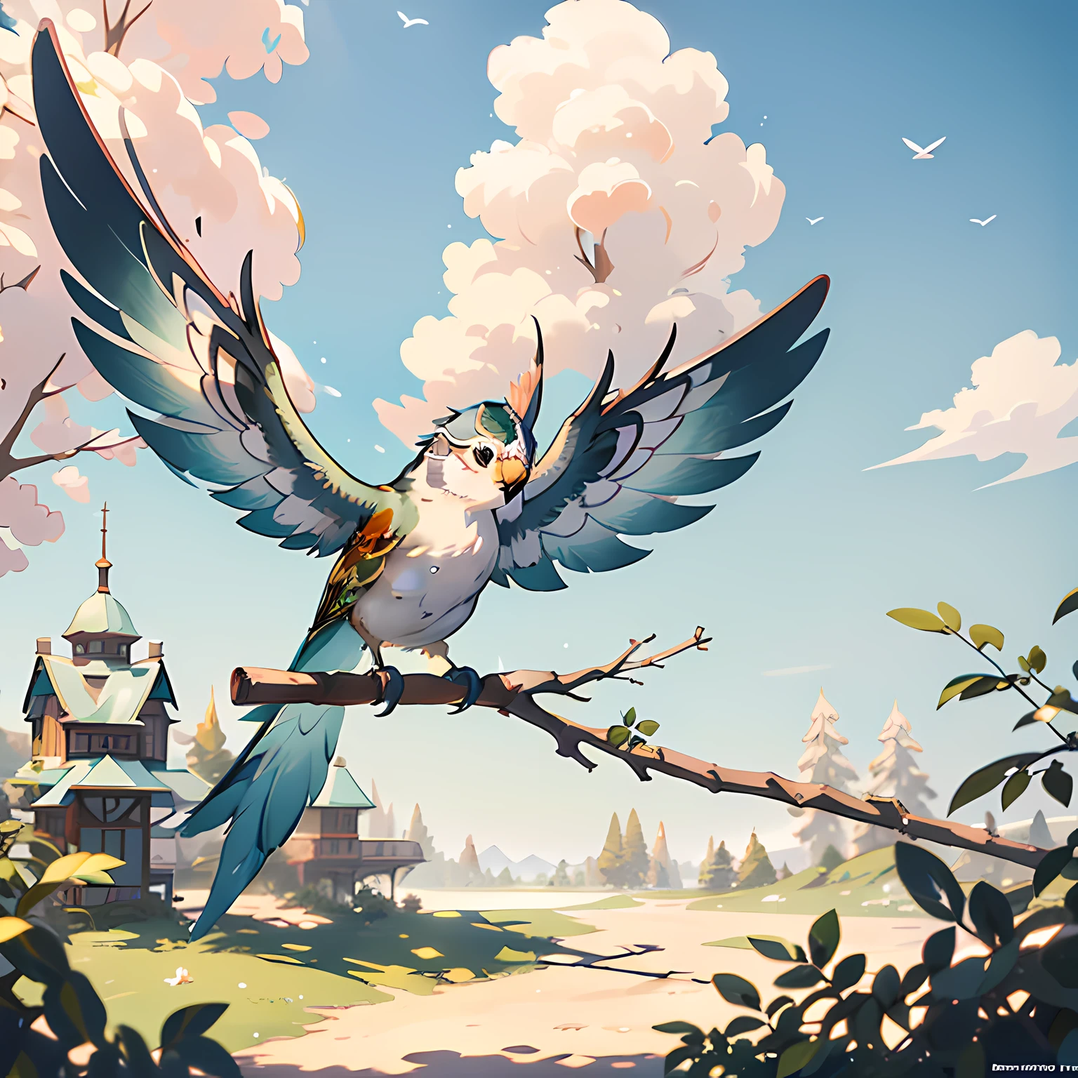 A cute sparrow trying to flap its wings comfortably against the pure white sky, Isometric 3D Fantasy Cute Sparrow, Beautiful detailed digital art, Cute birds, Adorable Digital Painting, Beautiful digital art, cute 3d render, commission on furaffinity, Ethereal sparrow, CuteCreatures, Miniature sparrow