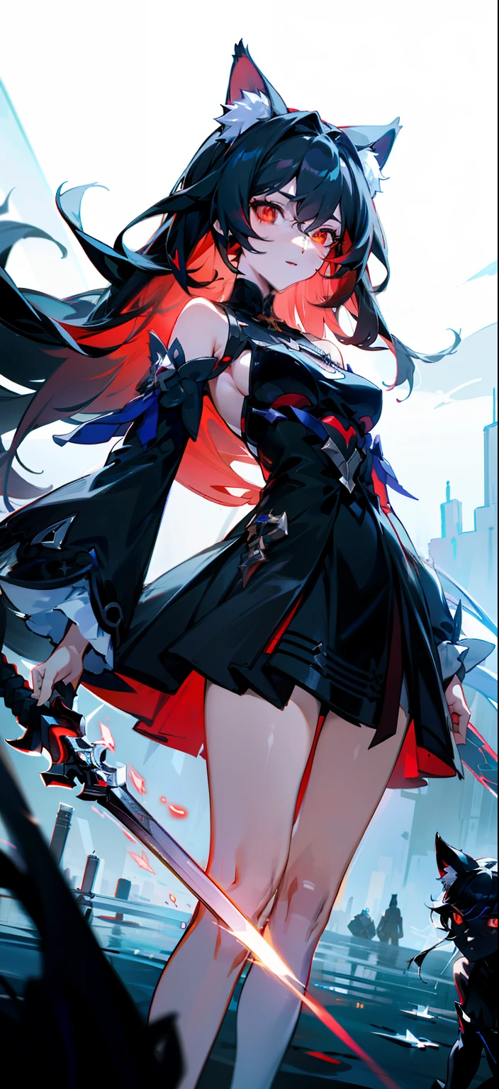 Create an anime girl with horns. She has medium-length dark purple hair with red highlights, and bangs. She has pointy ears poking out of her hair, and is wearing a black and purple dress with a lace pattern, knee-length stockings, and combat boots. Her horns are pointed, thin, and black, with red patterns on them. She has a friendly and alluring expression, with a hint of playfulness in her eyes. Her figure is confident and relaxed, and she is holding a camera in front of her as if she's taking a selfie. Overall, she has an otherworldly beauty that is both mesmerizing and intimidating.