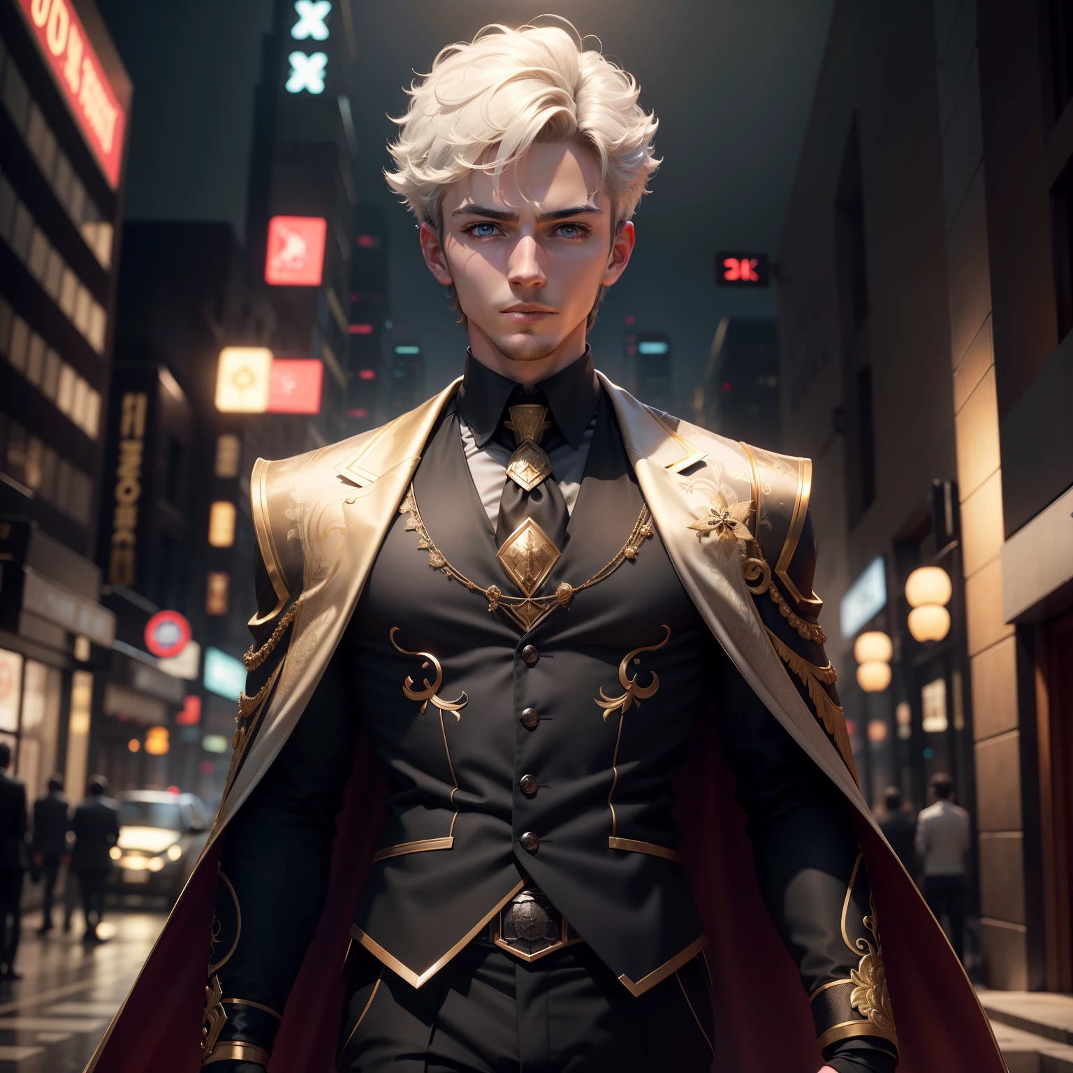 1boys，hyper-detailing，A high resolution，hyper-detailing，best qualtiy，astounding，top Quority，the Extremely Detailed CG Unity 8K Wallpapers，cinmatic lighting，Cat fans，cyber punk perssonage，White cloth，short detailed hair，Blue pupils，gold embroidery，whitet-shirt，Wears a black jacket suit，Combat posture，Black gold embroidered wrist guards，（RAW photos，best qualtiy），（Realiy，Foto realism：1.4），tmasterpiece， Extremely Delicately Beautiful，extremely higly detailed，2k wallpaper，astounding，finedetail，extremely detaild的 CG unified 8k wallpapers，Super meticulous，A high resolution，the soft light，Handsome boy，extremely detailed eyes ancface，Beautiful detailed nose，Handsome and delicate eyes ,Cinema lighting,city night scene,Perfect anatomy,Strong body,ssmile