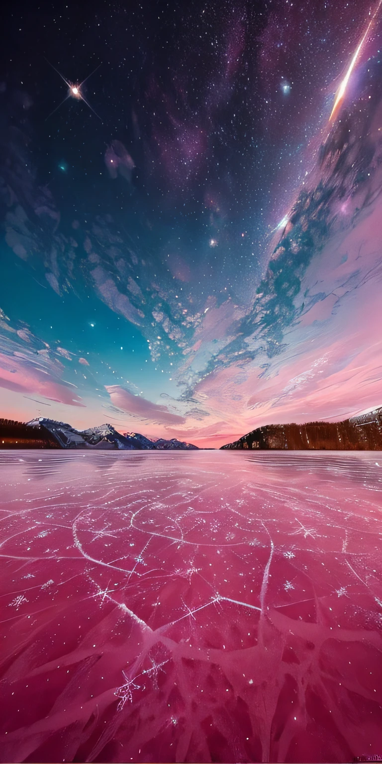 Frozen lake，Starry Alafid landscape, surreal frozen landscape, pink landscape, magical sparkling lake, Magnificent background, Frozen lake, stunning cinematography, magical colors and atmosphere, Pink reflections, magical colors and atmosphere, cosmos sem fim no fundo, Pink sky, pink skies, Strange perspectives of the stars, beautiful image ever created, surreal colors