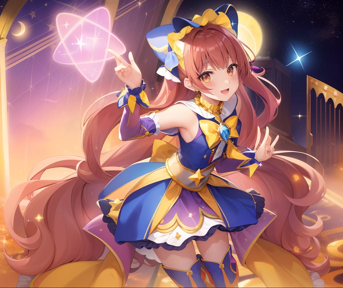 Sailor Boy in dress with stars in hand, Orange and yellow and violet costume, He has long orange-brown hair, Official art, official artwork, hq artwork, Sparkling Magical Boy, Promotional Art, hight resolution, Prince in anime, Ultra Mega Super Hyper Beautiful, official anime artwork, official fan art, Prince of Light, art promotional, Beautiful!!!!!!!!!!!!, Yellow glowing magic, celestial aura, Dazzling, holy aura