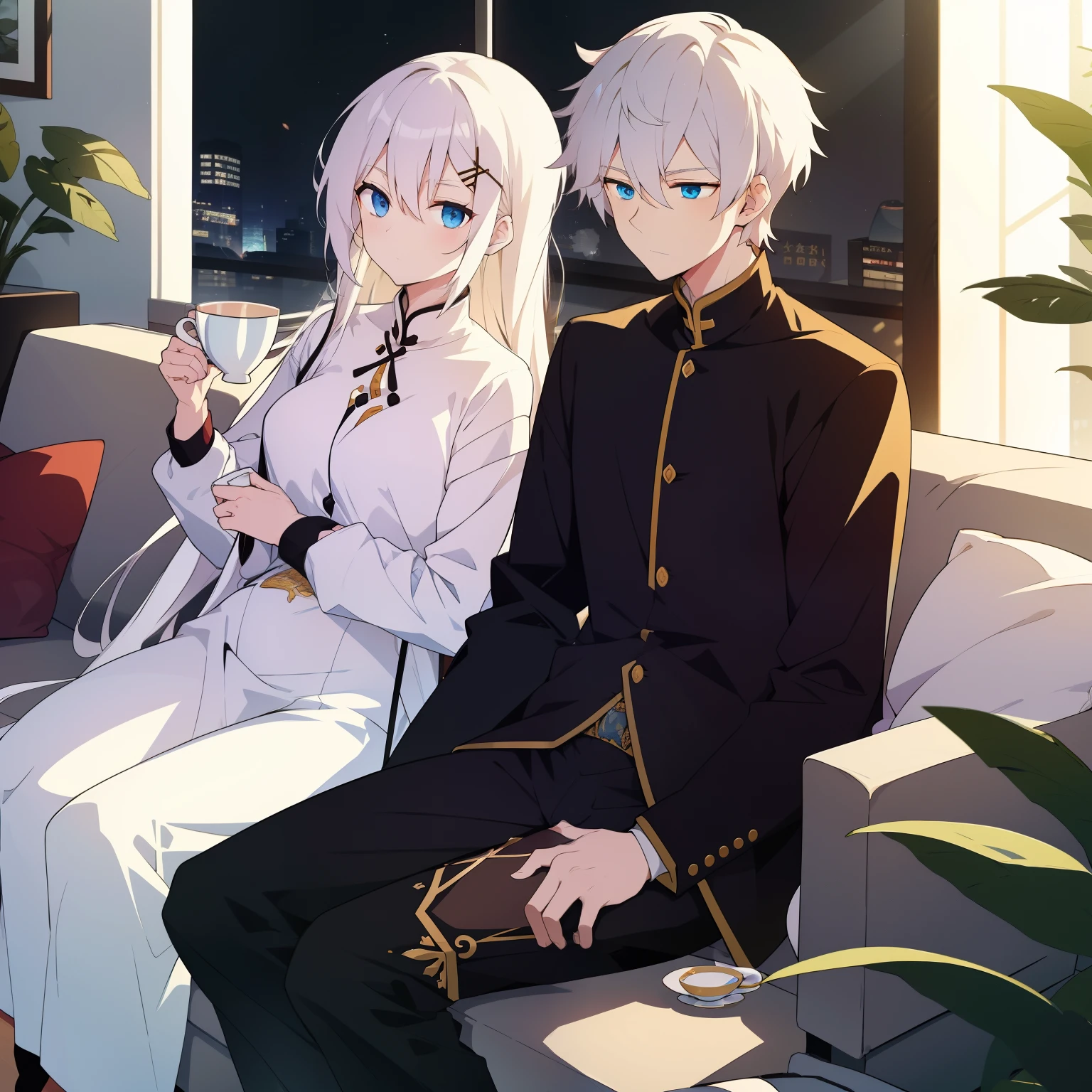 Anime couple sitting on a couch with a glass of wine - SeaArt AI