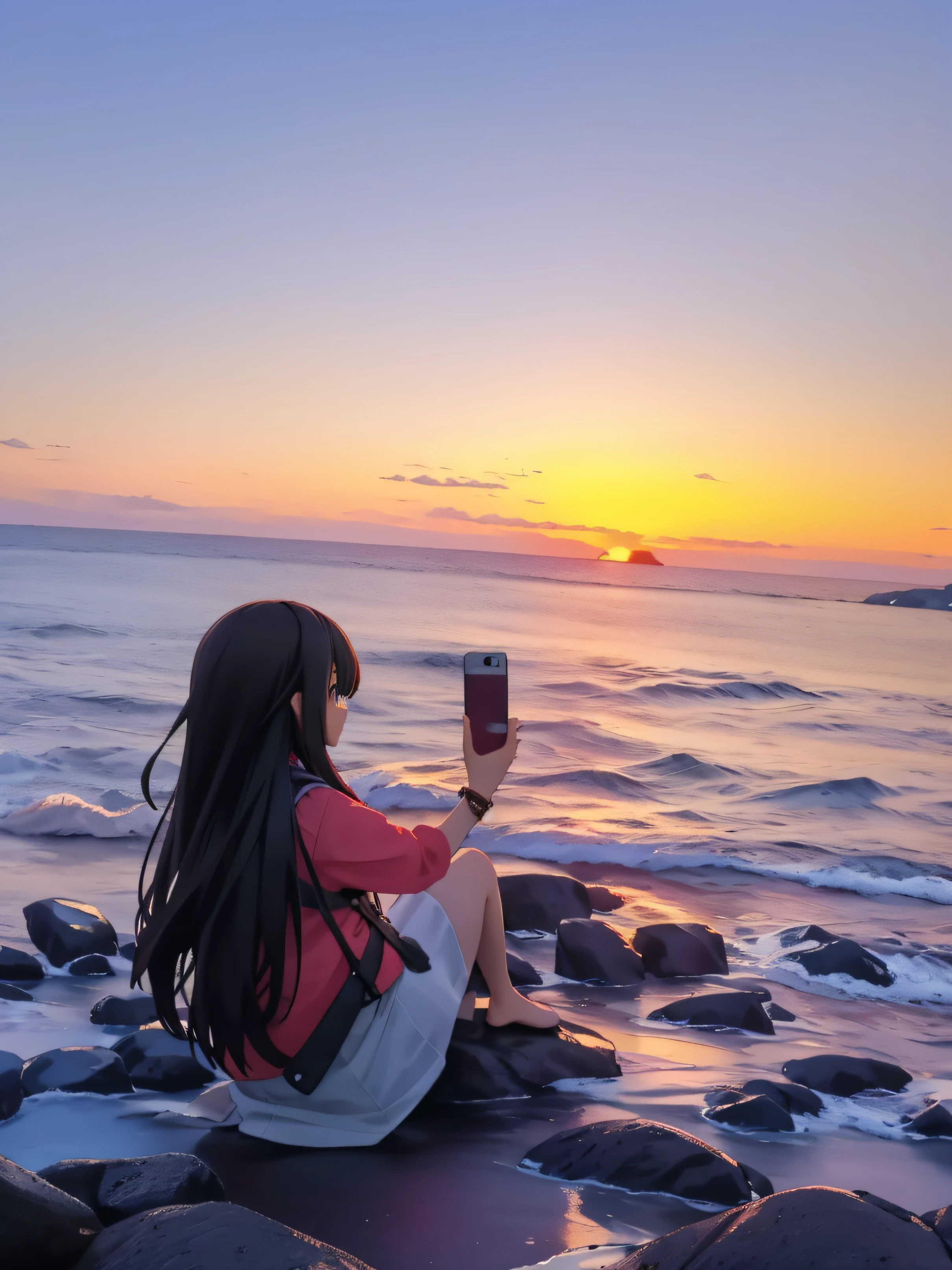 Arafeld woman sitting on a rock for sunset photos, With sunset, with a sunset, photographed, watching the sunset, at a beautiful sunset, girl watching sunset, phone photo, late sunset, late sunset, watching the sunset. anime big breast, watching the sunset, at the sunset, selfie photography, at the beach on a sunset