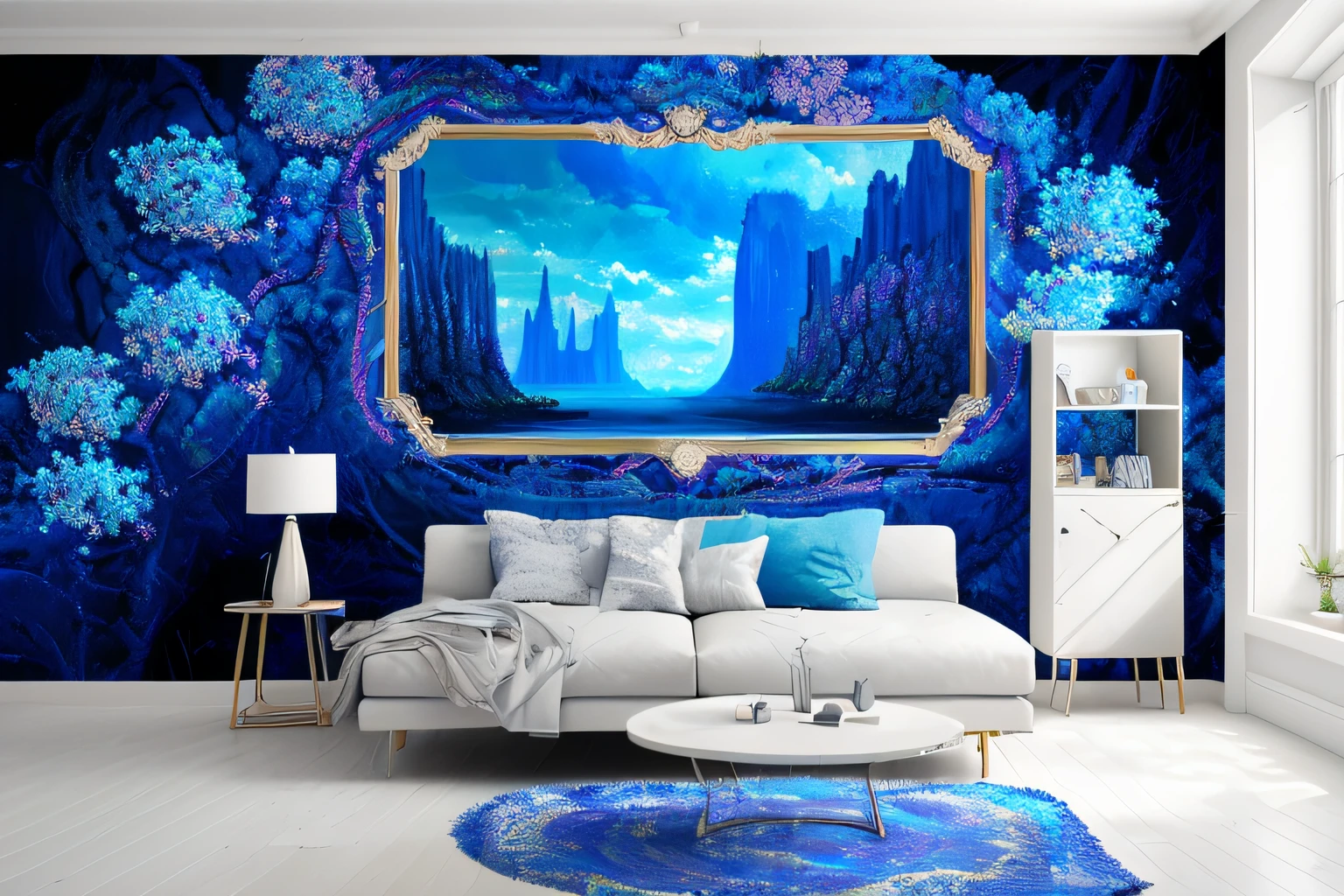 paysage futuriste, Eau bleu cobalt,fleurs sauvages(Highly detailed CG Unit 8k wallpaper), The most beautiful work of art in the world, Professional majestic oil painting, complexe, High detail, mise au point nette, dramatique, Art of photorealist painting