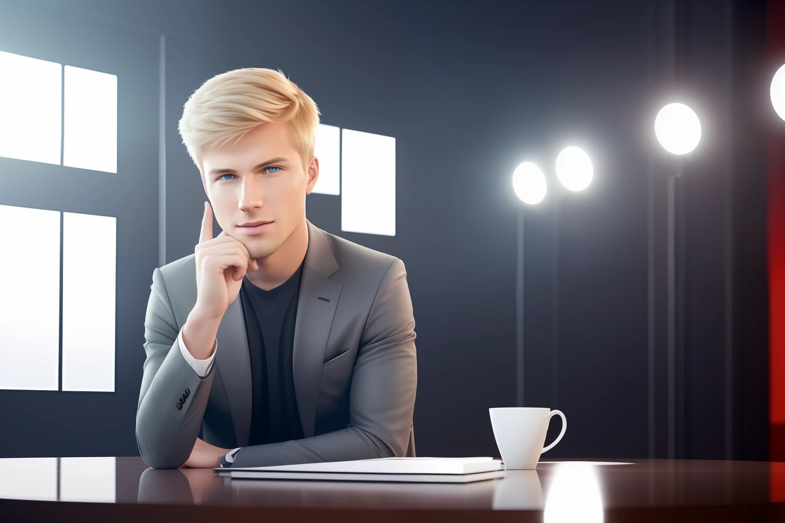 Best quality, ultra high res, (photorealistic:1.4), hdr, hyperdetailed. Young blond man swearing at a syndicated talk show. Close view. Spotlights, cameras. Tabloid talk show, Sunday morning talk show. A lot of space. Red and grey colors in interior design. Very rich production, many details, minimalistic furniture, cameras in the shadows, positive atmosphere.
