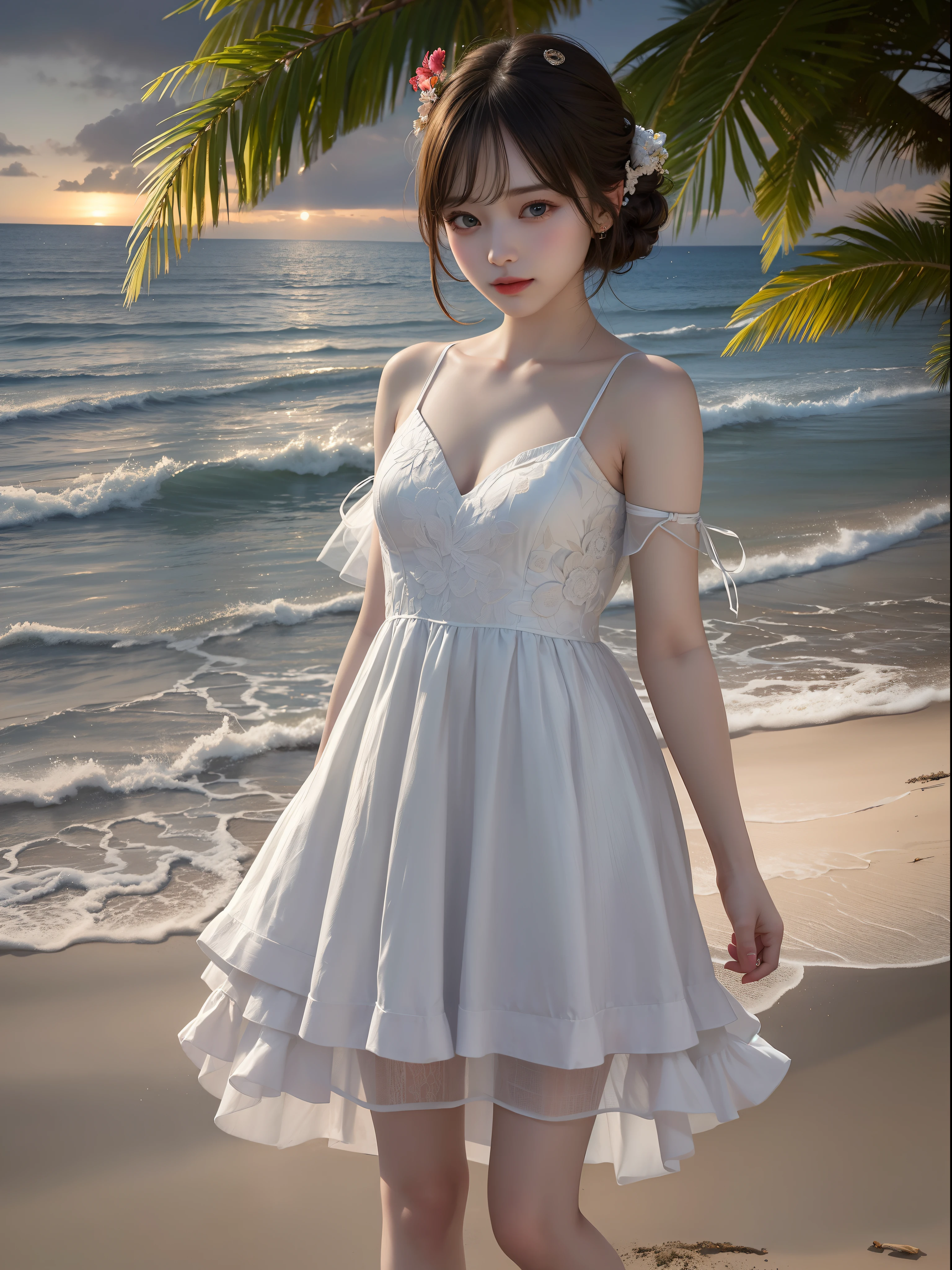 (Surreal)、(hight resolution)、(8K)、 (ighly detailed)、(Ultra clear skin pores)、(top-quality、masterpiece:1.3)、((sharpnes))、ciinematic light、Full view、Beautiful girl in a white dress、1womanl、full body Esbian、Ultra mini skirt、Shoulders are sticking out、Green eyes、Smaller chest、Small butt、natta、starrysky、shooting stars、Stroll along the sandy beach、Blue Sea、Far Horizon、Distant islands々、Into the cloud、Mid summer、
