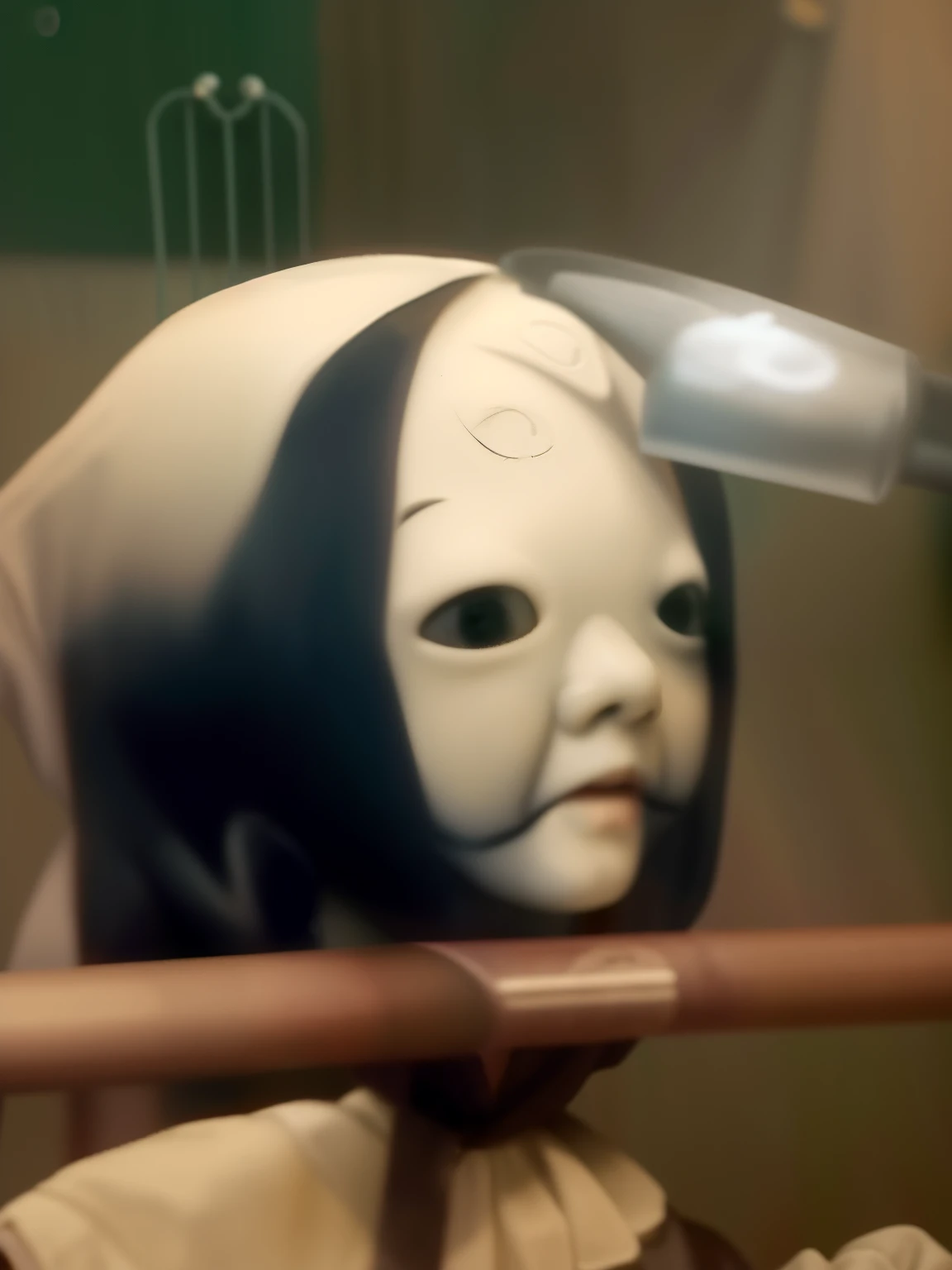 There is a doll with a baseball bat in black and white, creepy child, creepy mannequin, Creepy!!, pale young ghost girl, very creepy, Creepy, china doll face, very very creepy, photo of scp-173, creepy photo, very scary photo, Looming head, Haunting face, Creepy!!!, closeup of face