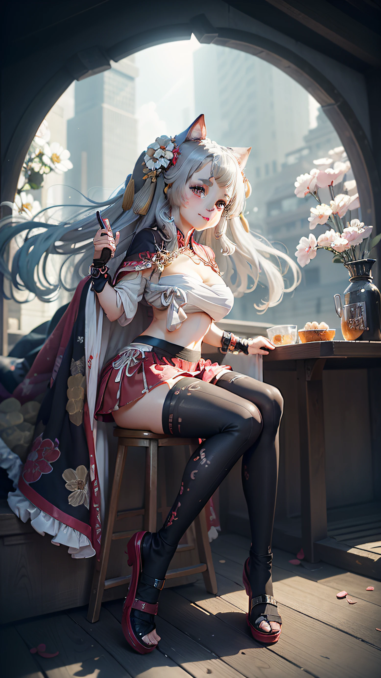 one-girl，Genshin Ganyu，Full body in camera，full bodyesbian，（tmasterpiece），（best qualtiy），（blue hairs，long whitr hair：2，Elder Red and Black Horn），（lacepantyhose，black pantyhoses，stocklings，Full body pantyhose），（short  skirt，White pleated skirt），（cuteexpression，ssmile，Playful），（Be red in the face，putting makeup on， Blushlush），（Yellow canvas shoes，Pink cherry blossom decoration），（Black floor，Reflective material），SakuraNS， the night，Top lighting，16k，High- sharpness，high qulity，wide wide shot，Bright colors，blue hair, crossed bangs, absurdly long hair, maid headdress, animal hood, heart-shaped pupils, gradient_eyes, crystal earrings, licking lips, anime style, god rays, from below, panorama, Ultra-Wide Angle, 16k