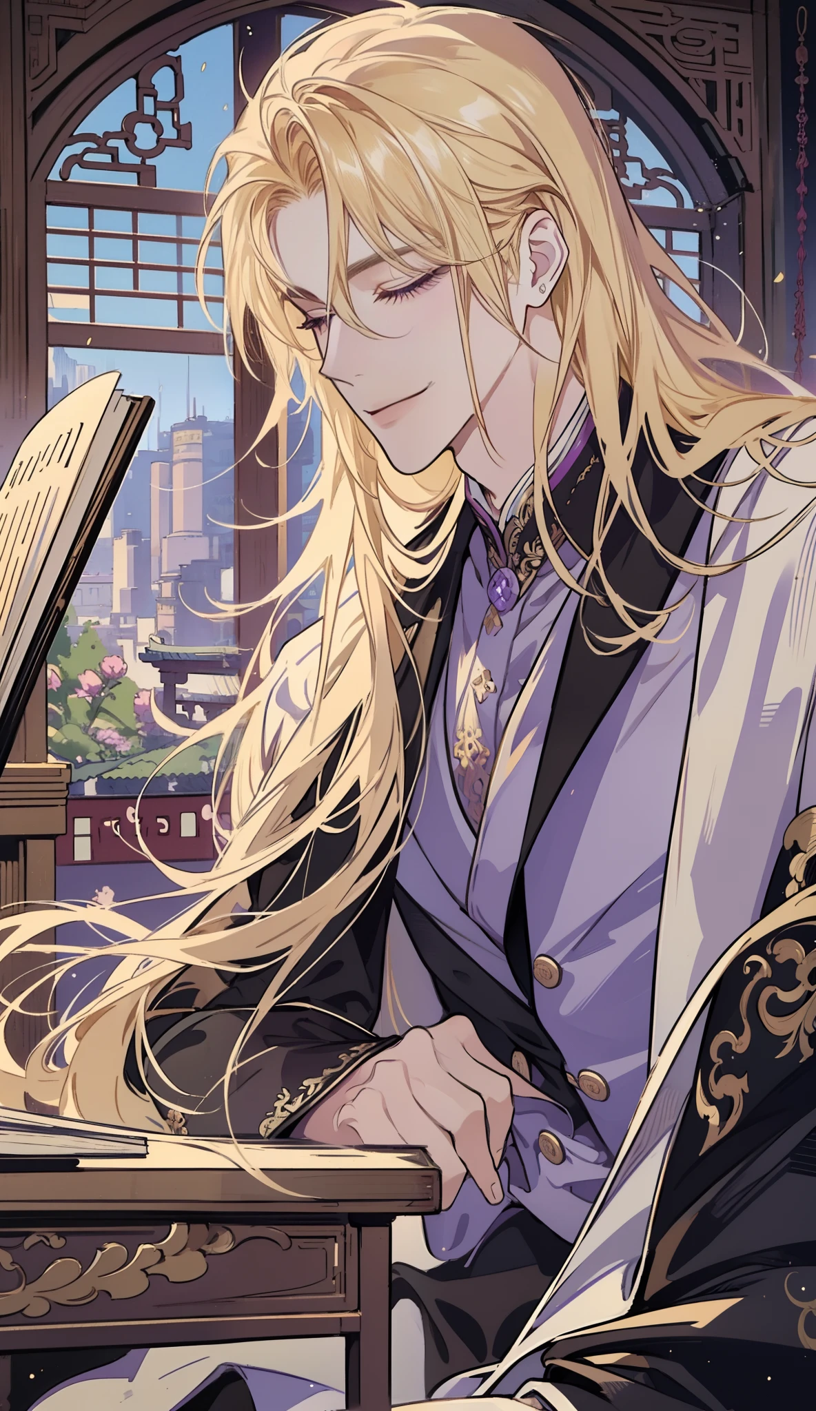 Blonde hair, Long hair, Purple eyes, Semi-closed Eyes, Light smile, A handsome man, hair straight, wear black suit, tiese, pianos, A magnificent temple of classical literature in western China, romanticism lain, anime big breast, Impressionism, Cinematic lighting, Close-up, hyper HD, Masterpiece, High details,sitted,looking at book