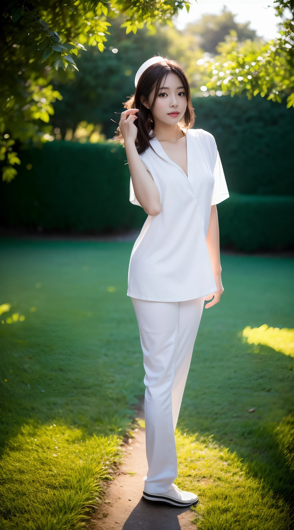 1 beautiful woman taking pictures on the grass of the villa，RAW photos，tmasterpiece，（highdetailskin：1.2），8k ultra high definition，digital SLR camera，gentlesoftlighting，high high quality，filmgrain，富士XT3，20 years old Asian woman，Wear simple clothes，（White long nurse uniform:1.2 and long skinny jeans:0.7，Detailed clothing details:1.3），perfect body figure，Perfect breasts and nipple bulge，The legs are straight and slender，Branded stylish shoes:0.6，Super detailed facial details and skin，Fair pink face and skin，The skin is pink，with light glowing，二重まぶた，Super detailed eyes，Wear a mask:1.5， (Gloss on lips, eyeslashes, Glossy face, Best quality, Super high resolution, warm color，Wide lighting, naturalshadow),taken from behind， Show off your beautiful body, Full body shooting: 1.8
