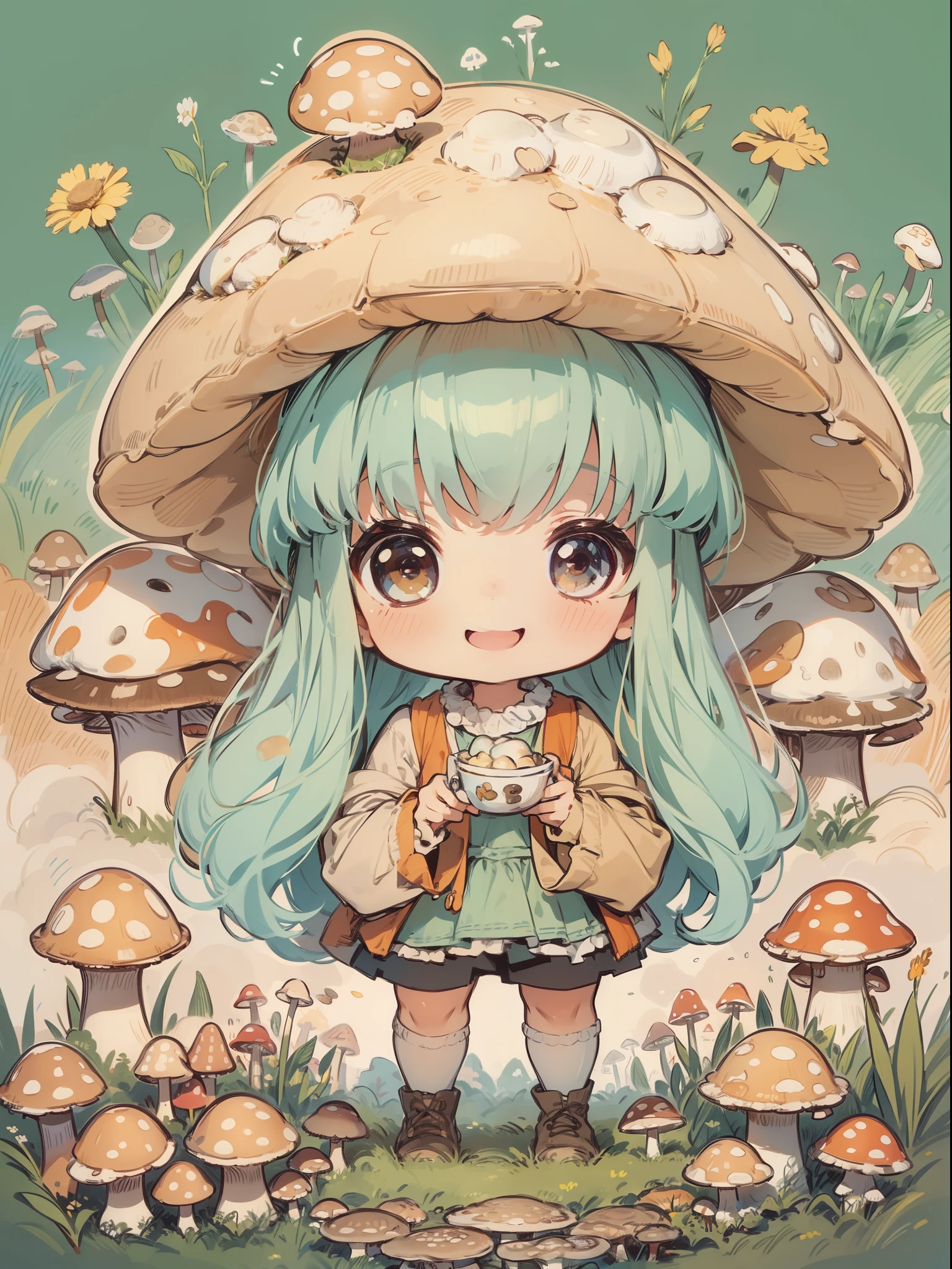 kawaii style, chibi girl, cute, big smile, soft color palette, mushrooms, mushrooms + mushrooms + mushrooms + mushrooms + mushrooms, mushroom on head