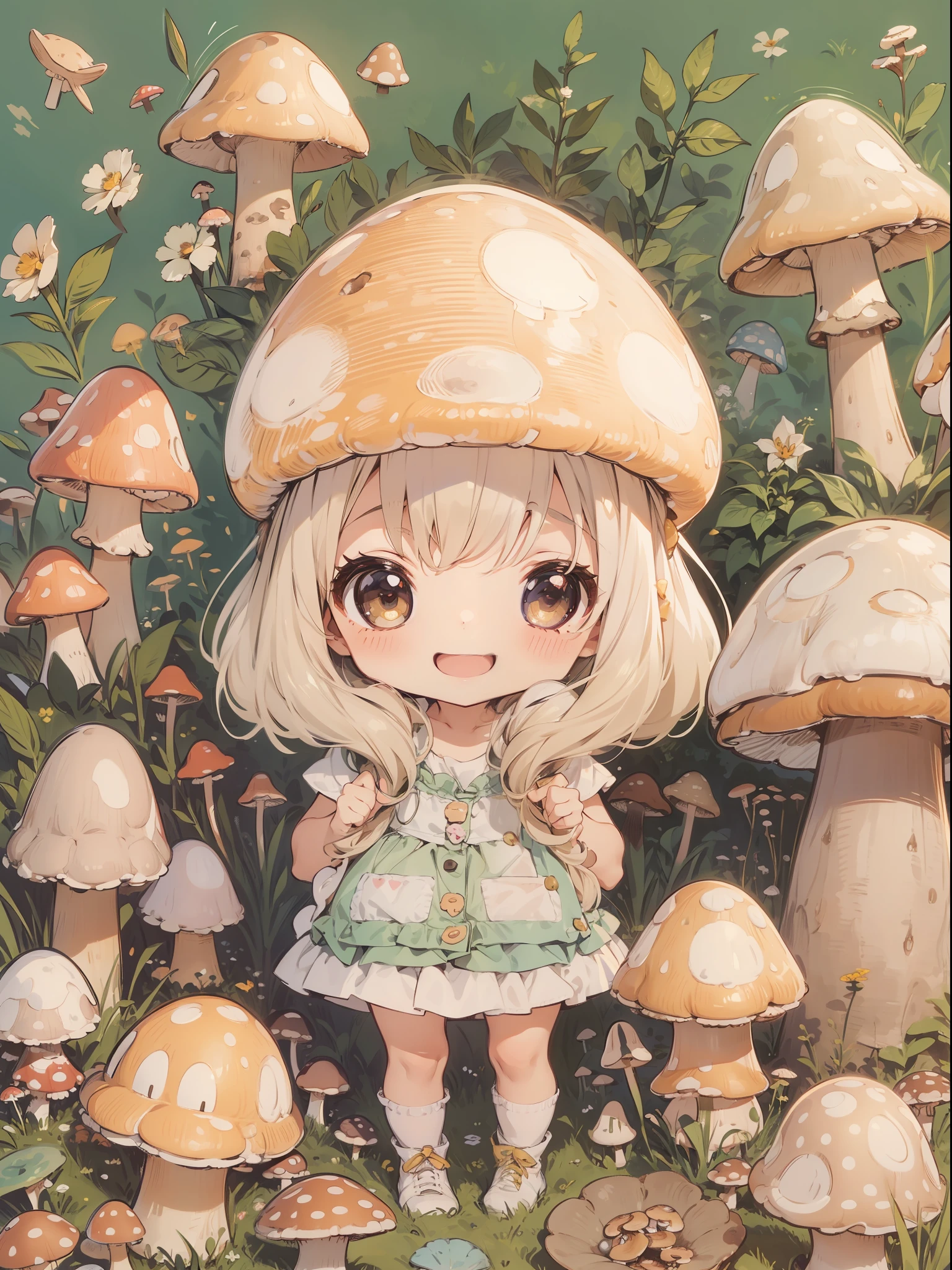 kawaii style, chibi girl, cute, big smile, soft color palette, mushrooms, mushrooms + mushrooms + mushrooms + mushrooms + mushrooms, mushroom on head