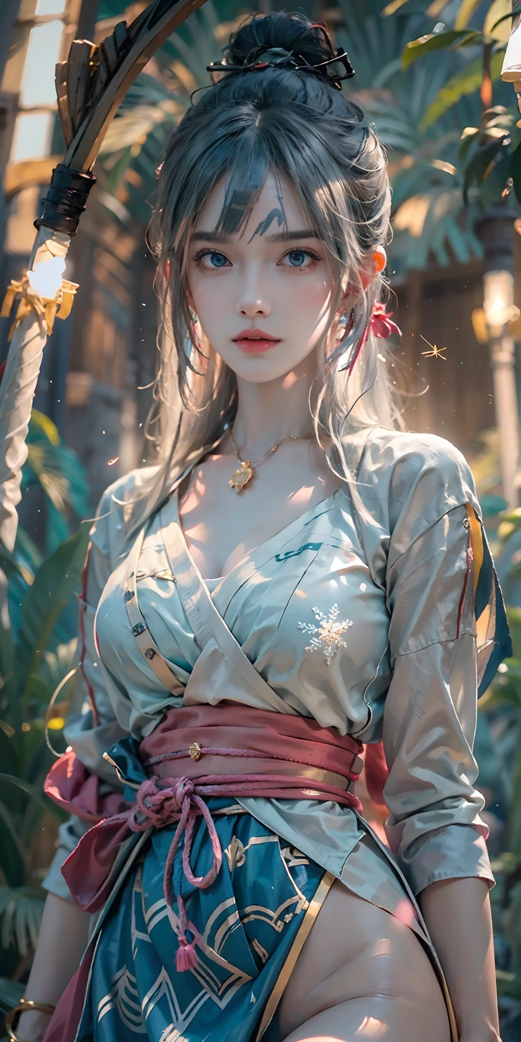 photorealistic, high resolution, soft light,1women, solo, hips up, (detailed face), nami \(one piece\), tattoo, jewelry,long_hair, fireflies, light_particles, pine_tree, snowflake_background, milky_way, aerial_fireworks, headdress, arms behind body, blue_eyes, katana