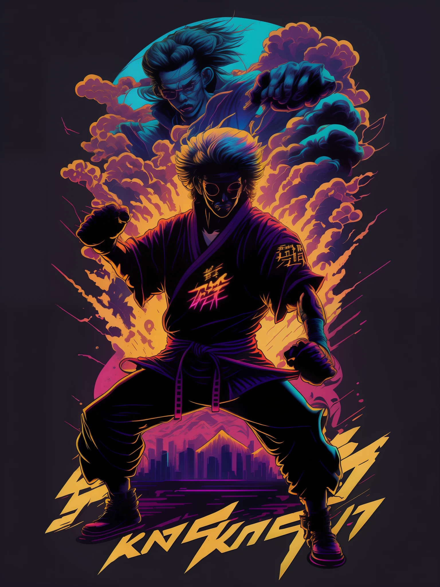 Retro wave kung fu master with nunchucks design,a sticker,full body shot shot,style of anime,tai chi,Trigger studio style,comic book art,comic strip,scribble art,graphical,Intense neon color,Golden ratio composition,design for tshirt,8K