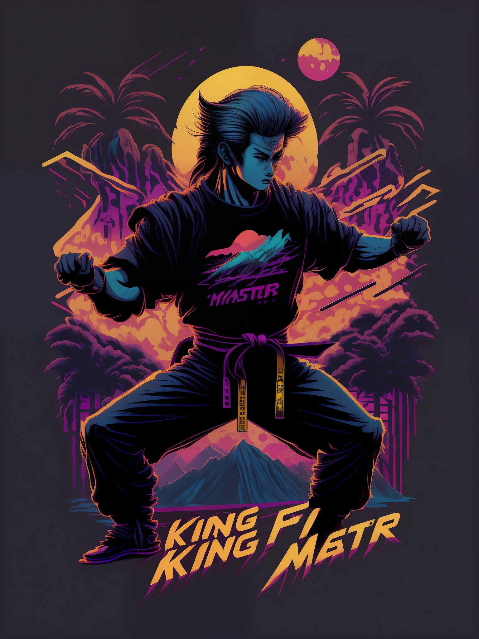 Retro wave kung fu master with nunchucks design，a sticker，full body shot shot，style of anime，tai chi，Trigger studio style，comic book art，comic strip，scribble art，graphical，Intense neon color，Golden ratio composition，design for tshirt，8K