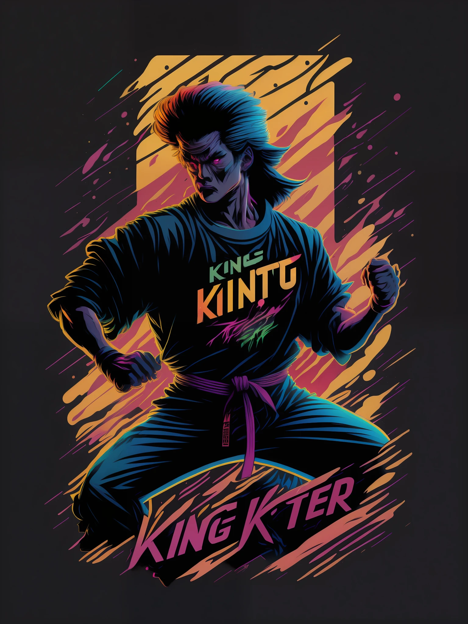 Retro wave kung fu master with nunchucks design,a sticker,full body shot shot,style of anime,tai chi,Trigger studio style,comic book art,comic strip,scribble art,graphical,Intense neon color,Golden ratio composition,design for tshirt,8K