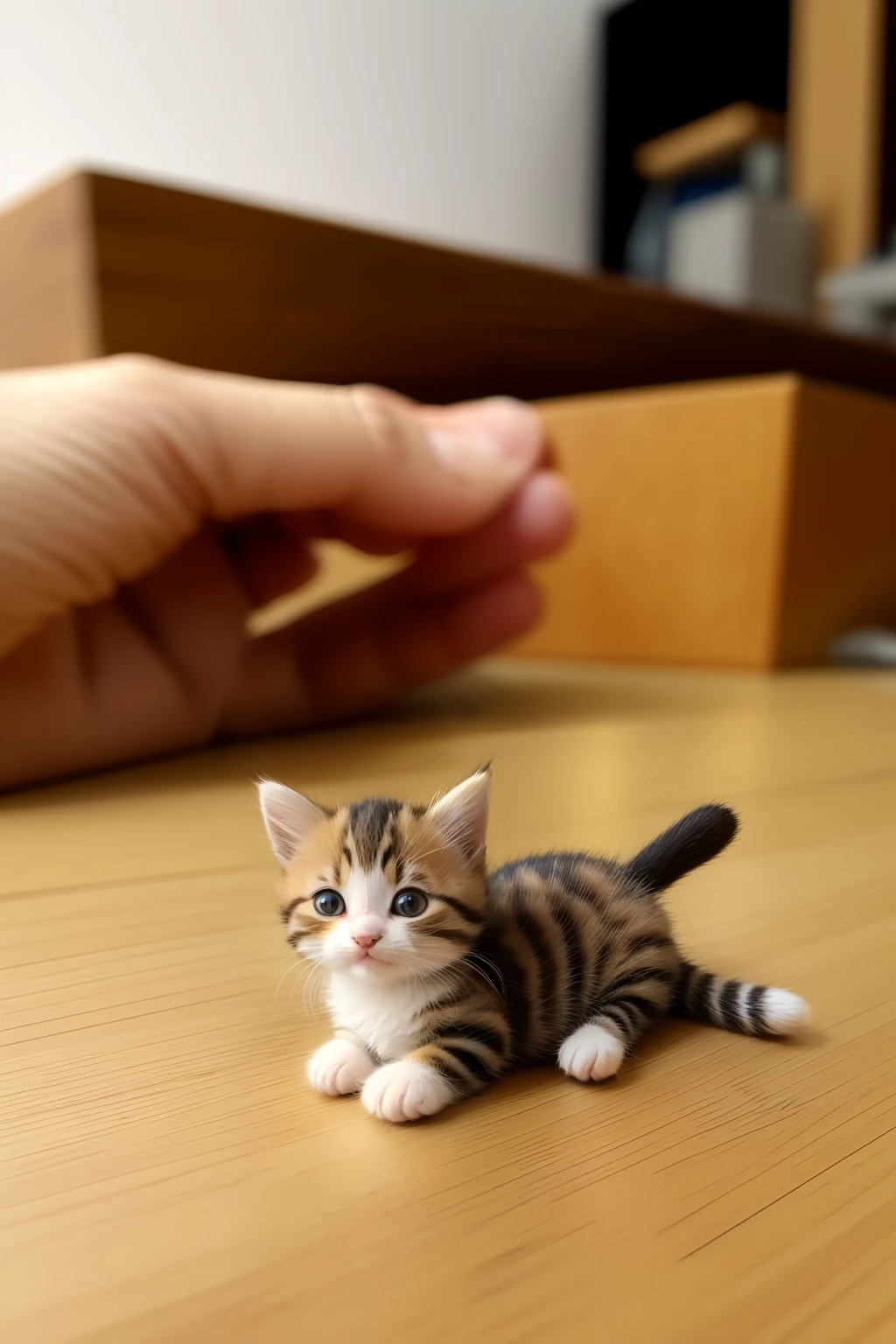 A miniature kitten，The size is only one centimeter，microcosm，Golden gradation cat，Cat on the workbench