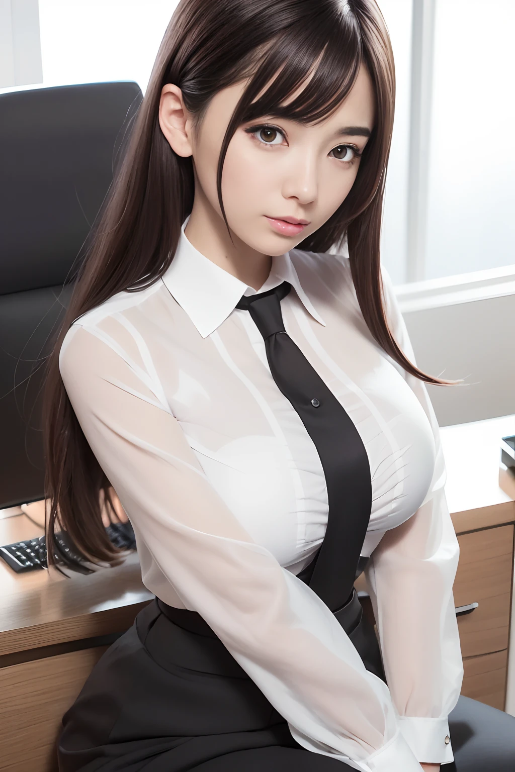 (RAW photo, Best quality), (Realistic, photo-realistic:1.3), Masterpiece, An extremely delicate and beautiful, Extremely detailed, CG, Unity , 2k wallpaper, Amazing, finedetail, Light smile, Extremely detailed Cg Unity 8K wallpaper, hugefilesize, Ultra-detailed, A high resolution, absurderes, Soft light, (((Medium hair:1.3), short length bangs, Black hair, Floating hair NovaFrogStyle)), Beautiful detailed girl, Detailed fingers, Extremely detailed eyes and face, Beautiful detailed nose, Beautiful detailed eyes, Long eyelashes, light in face, view the viewer, (Closed mouth:1.2), 1girll, Cute, Young, Mature face,(((office lady uniform))) (full bodyesbian:1.3), ((Large breasts)), Realistic face, Realistic body, Beautiful detailed thighs, (ulzang-6500-v1.1:0.8),Minami,Aizawa