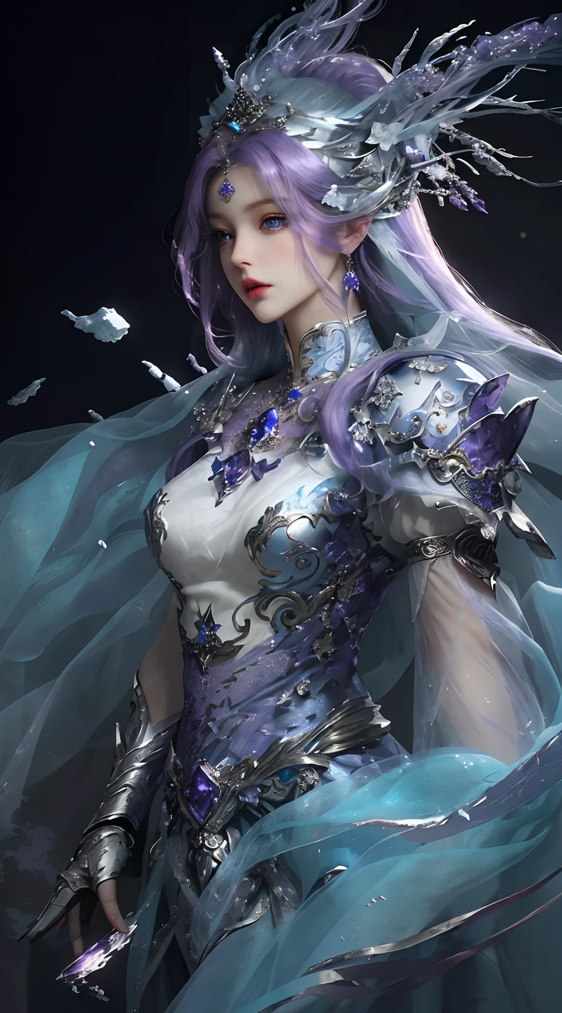 an angle female, bright purple hair angelic face and large purple eyes and plump red lips.snow white skin and charming figure in a white dress, long slender fingers and purple painted nails