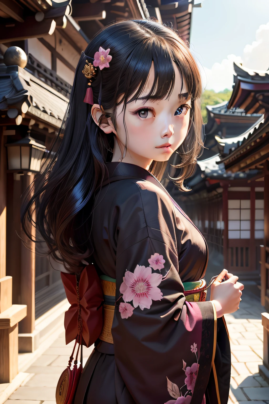 Photo of the front of the girl、length hair、Black hair、Wearing a kimono、Shrine in the background、Kiyomizu-dera Temple Highest Quality、realisitic、Photorealsitic、(intricate detailes:1.2)、(delicate detail)、(ciinematic light、best quality backlight)、Clear Line、foco nítido、lifelike face、Detailed faces Unity 8K wallpapers、超A high resolution、(Photorealsitic:1.4)、looking at the viewers、