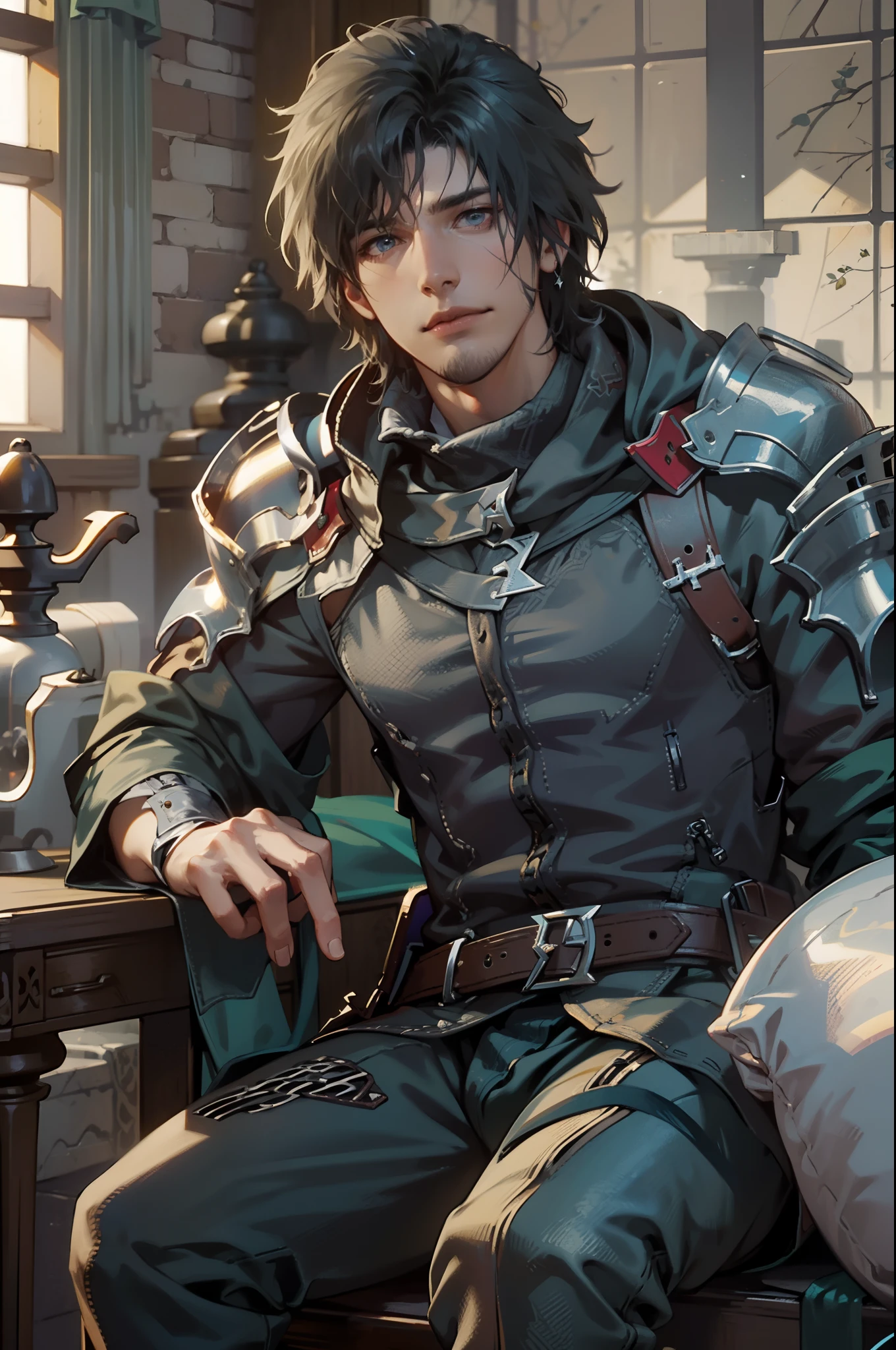 (absurdos, Altas Resoluciones, Ultra detallado, HDR), Obra maestra, La mejor calidad, final fantasy xvi, clive rosfield, 1hombre solamente, guapo, pelo corto, cabello negro, Ojos azules vibrantes, ojos finos y cara detalladas, Armadura, ((Arma intrincada)), Sentado en el trono, piernas abiertas, sonrisa afectada, molesto.