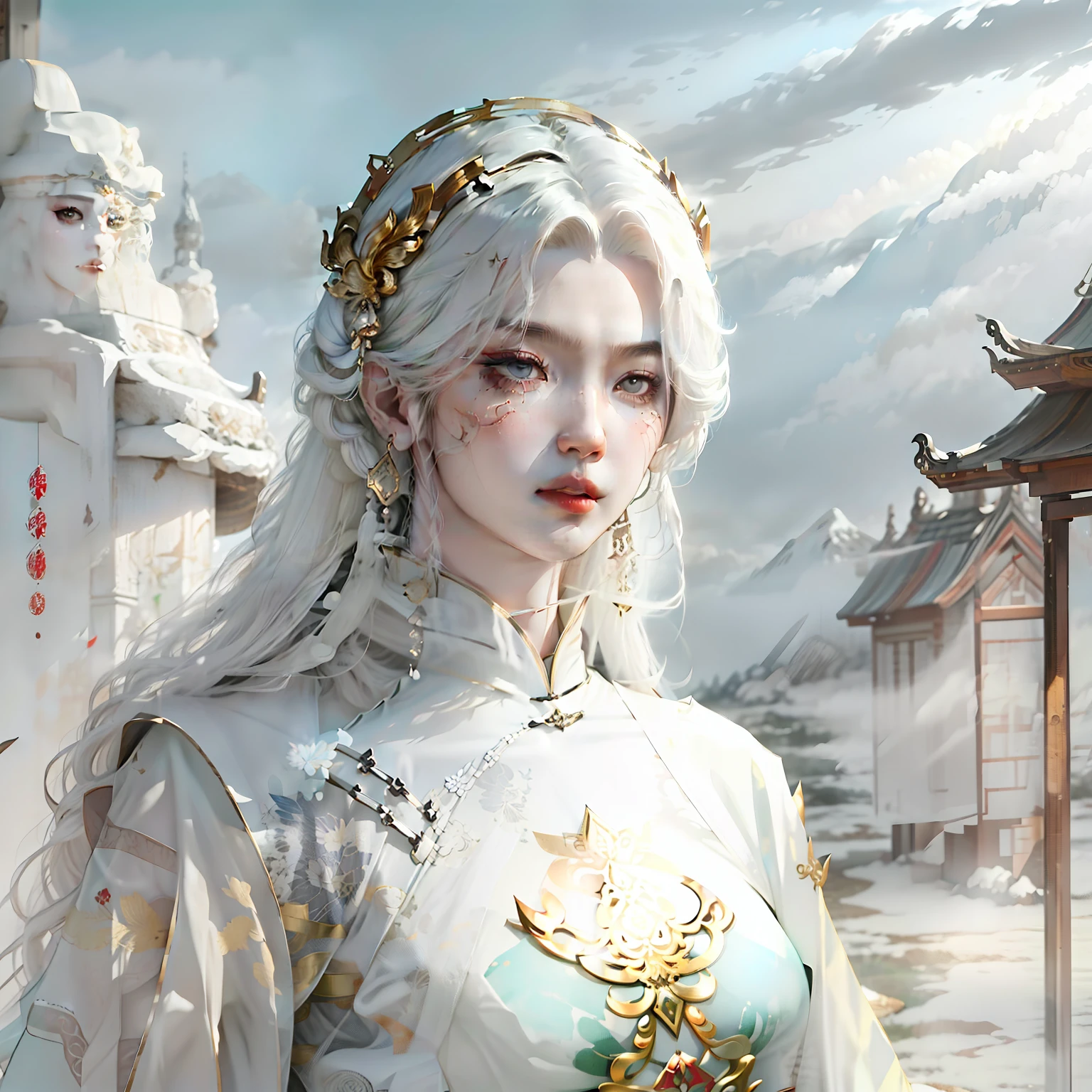 Ancient Chinese Male Shenming，White skin and black hair，Robe with wide sleeves，The face is like a crown of jade，heroic look，Standing in the clouds