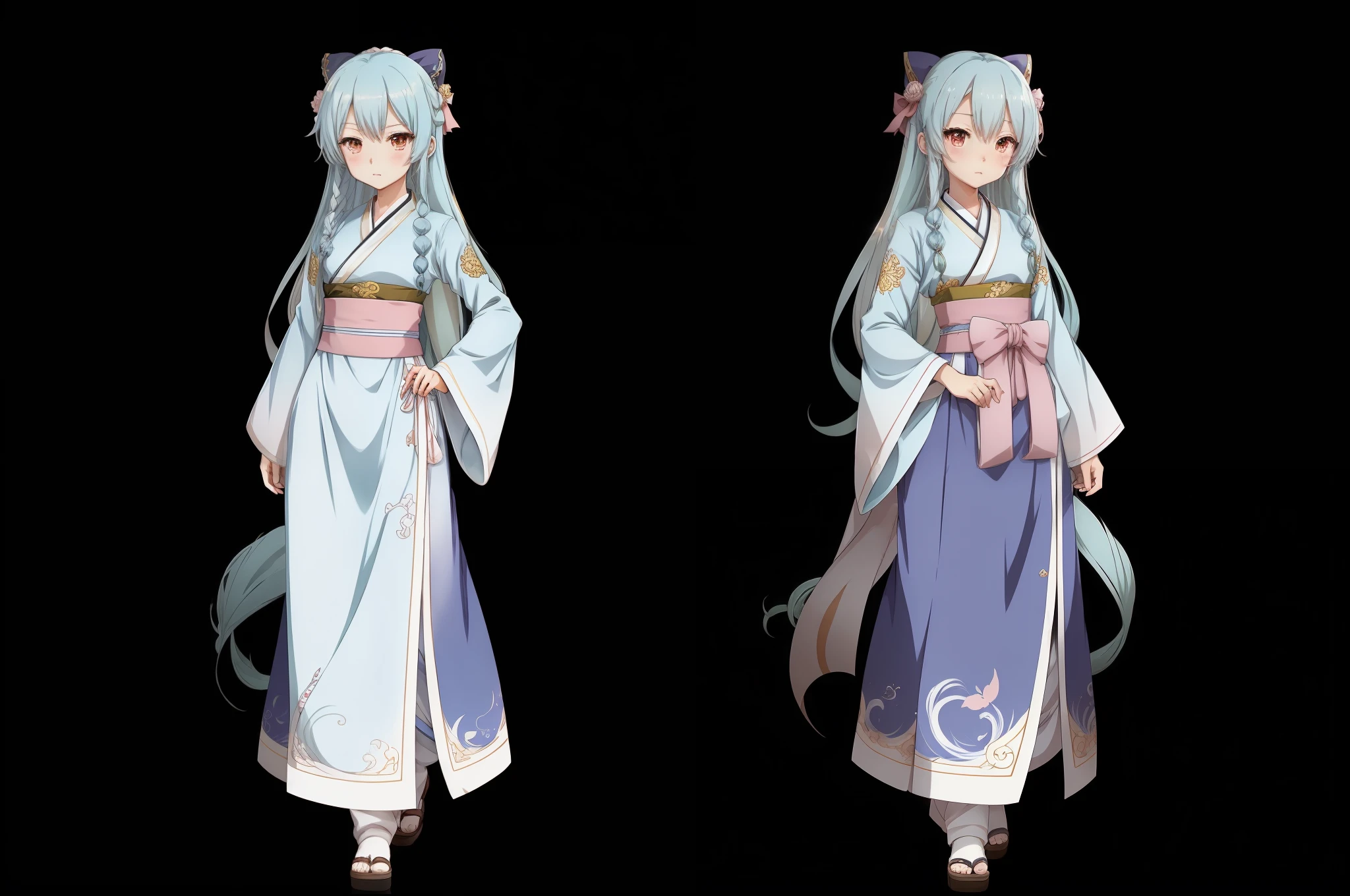 Anime character of a woman wearing Hanbok，Wear long, fluent clothes，pretty anime character design，anime visual of a cute girl，Kantai collection style，Anime moe art style，small curvaceous loli，Chen Jiru，small loli girl，Anime character design，Highly detailed character design，Guviz，high quality character design，high qulity。super detailing。Blue-white hair，Dango head，2D anime style，solo person --auto