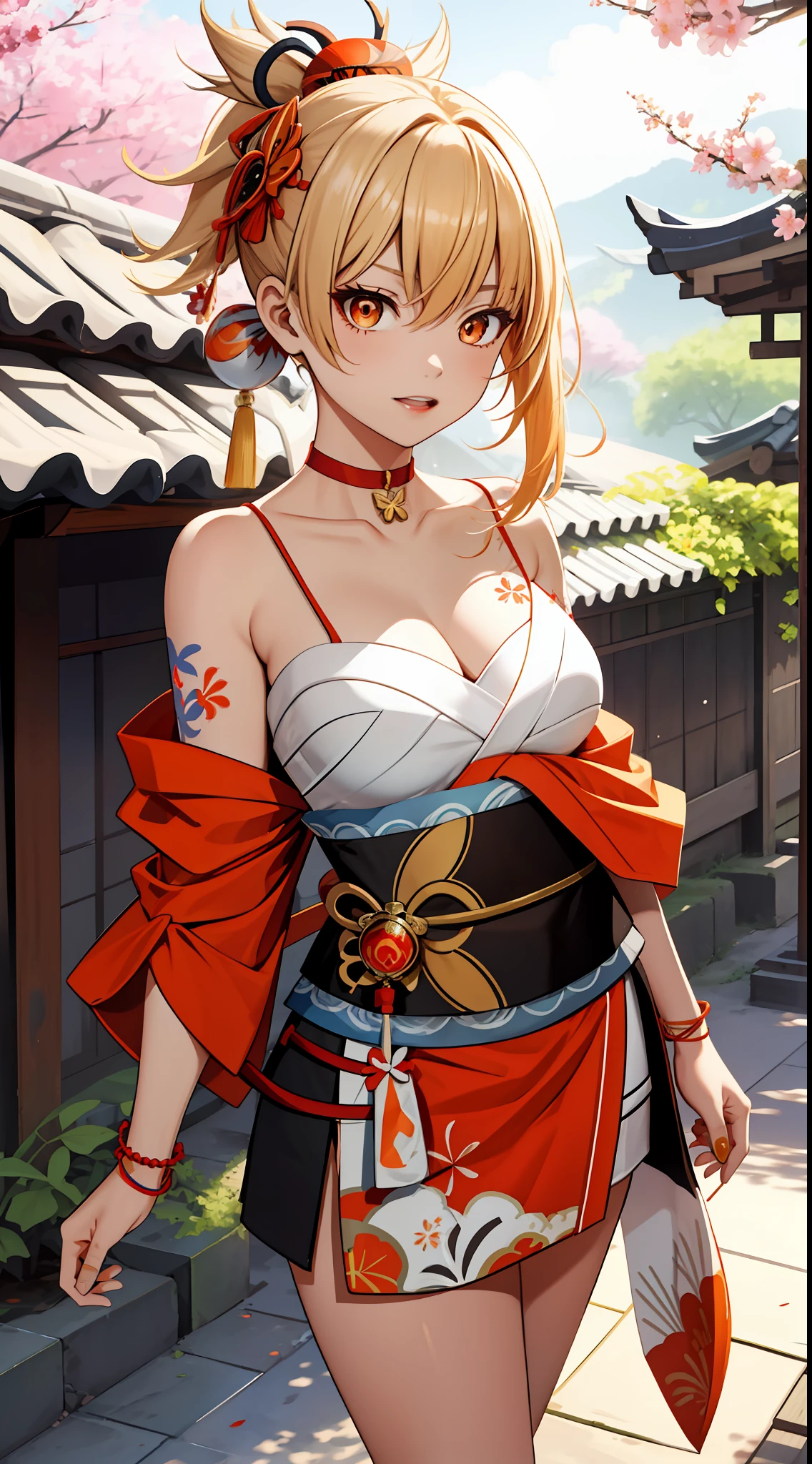 Masterpiece, Best quality, A high resolution, 1girll, (standing on your feet:1.4)，Close-up shot，Blonde hair, Medium hair, Asymmetrical hair, Floating hair, hair between eye, High ponytail, side locks, hair adornments, fish hair ornament, nipple tassels, kanzashi, bangs, Orange eyes, Open mouth, Smile, teeth, Upper teeth only, choker necklace, Red necklace, pendant choker, butterfly choker, 鎖骨, tattoo, chest tattoo, flower tattoo, cleavage, Medium breasts, Thighs, Bandages, bandaged leg, Arashi, Budget Arashi, Chest sarashi, black sash, hadanugi dousa, houkisei, Japanese clothes, komono, Kinchaku, Obi, Obiage, obijime, orange kimono, pouch, print kimono, Cord, sash, shimenawa, Short kimono, Single bare shoulder, visions (Genshin Impact), east asian architecture, Cherry blossoms, Single glove, Single fingerless gloves, arms  cuffs, Sitting, Legs together,