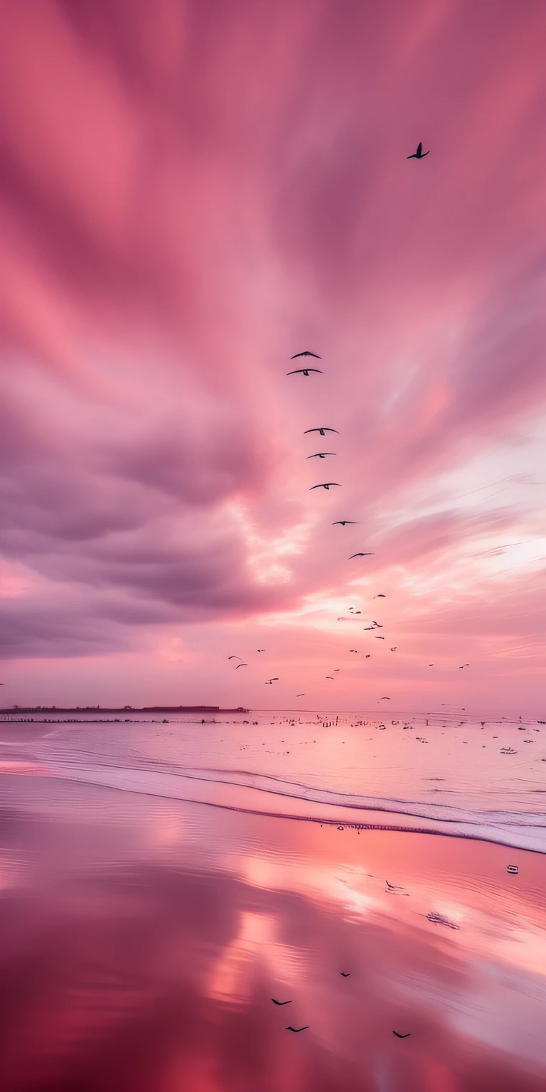 Alafis flies over the ocean at sunset,pink skies, pink skies, Pink sunset, Pink sky, Birds fly away, the sky is pink, dreamy sequence, birds flying, birds in flight, heaven pink, pink hues, flying birds in distance, pink sunset hue, breathtaking shot, breathtaking composition, flying birds in distance, Pink clouds