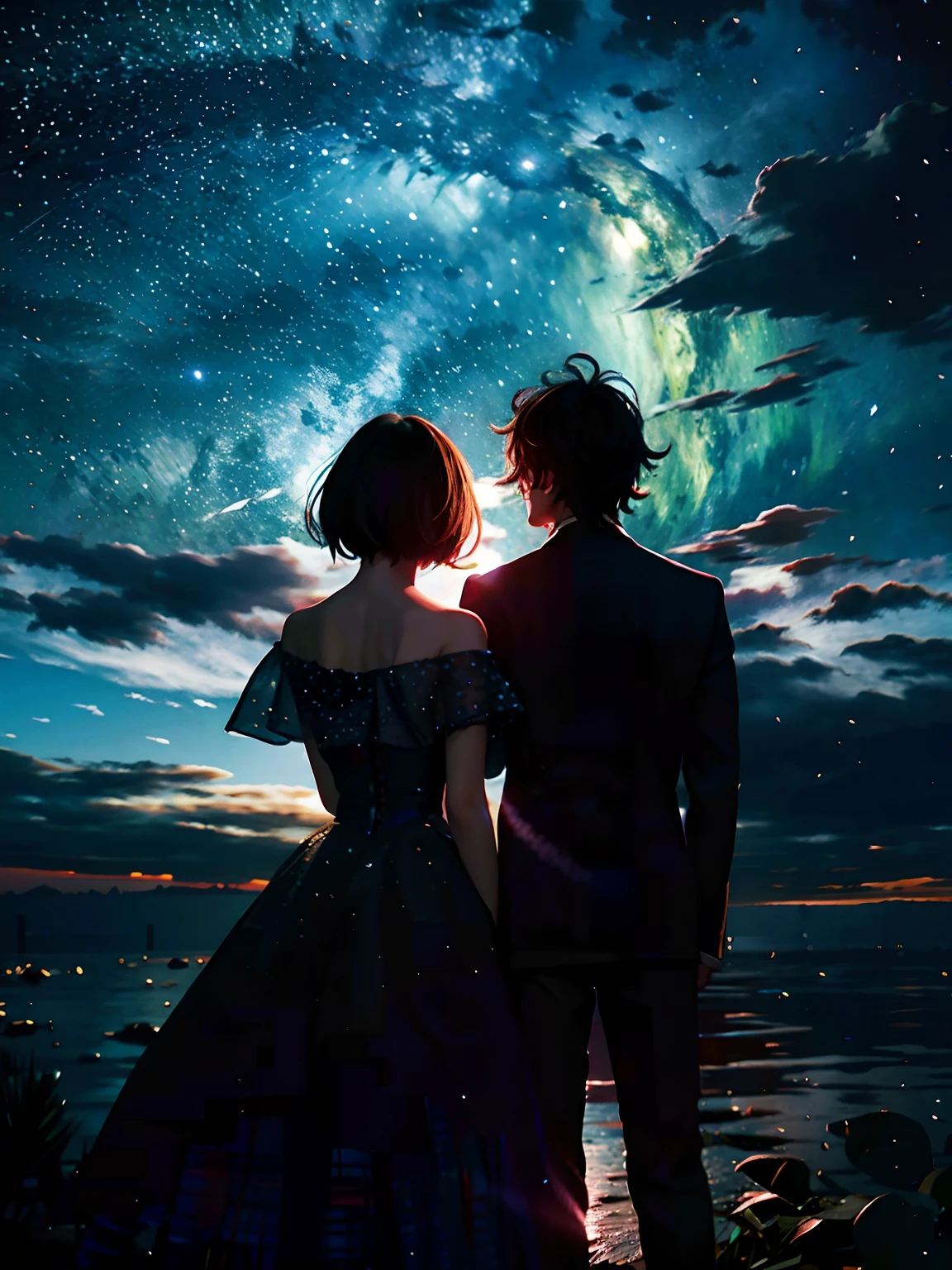 the night，A sky full of stars，Couple back，The girl rests her head on the boy's shoulder，Couple silhouette，Official Art Design