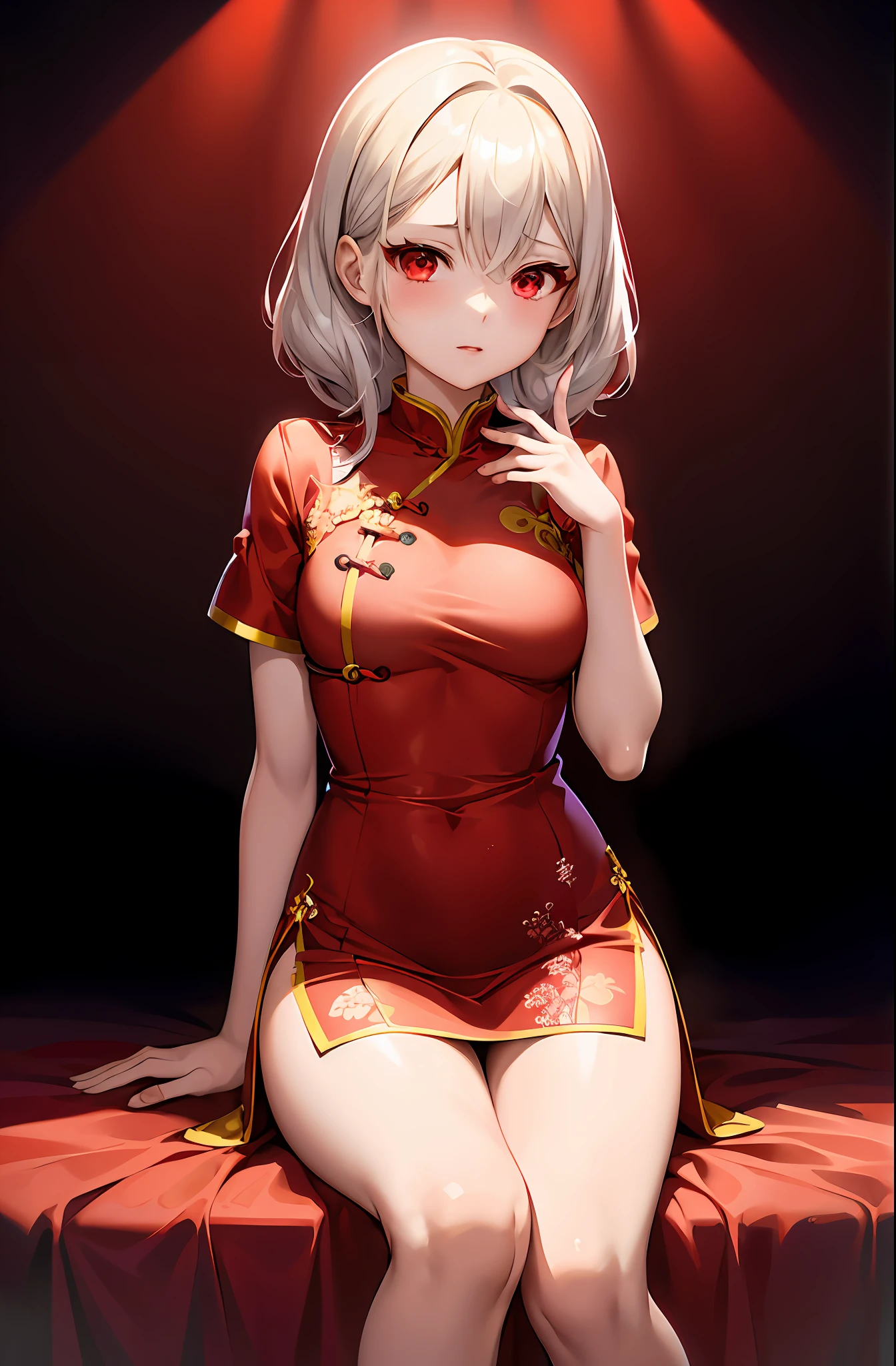 8K,ultraclear,one-girl,Wearing a long red cheongsam,Imperial sister,Around 18 years old,eBlue eyes,Colossal ,Tight,Face optimization,Stand in the house,Open the thighs,Look at the face,ssee-through,a ball head,Support chest with elbows,china idol,Front Shooting,Wear cloth shoes,nail art,five finger,Standard stature