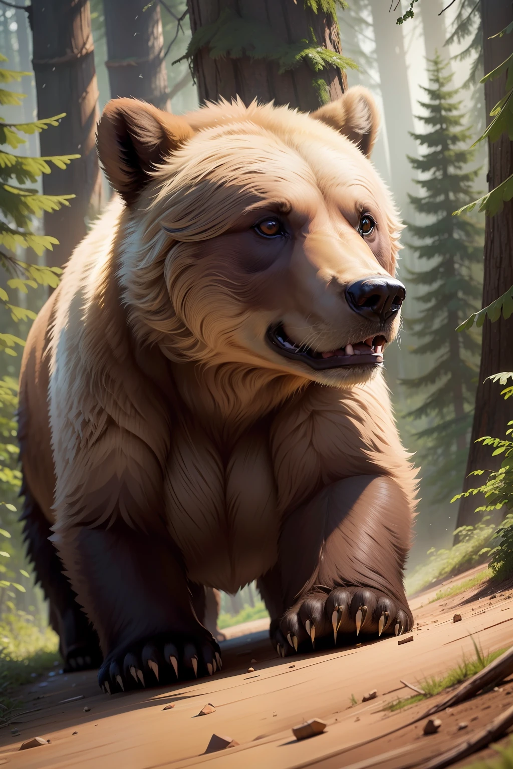 I need a picture of a grizzly bear playing in the woods with some 5-6