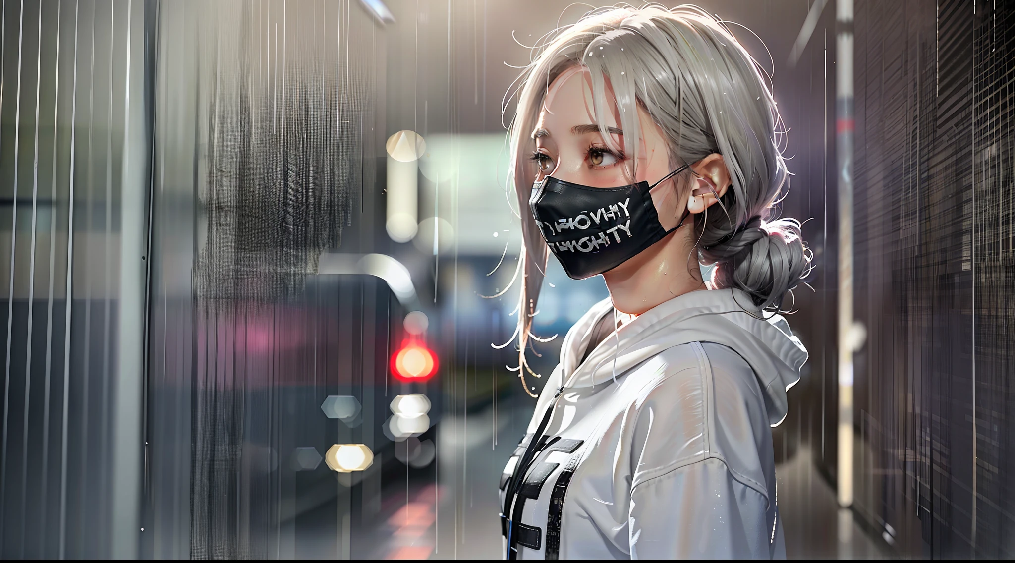 1 european young woman, techwearl, a woman walk in lonely city rain and smoke around, wet body, (cyberpunk:0.8), (low light:0.8), white hair, sci-fi, black hoodie, black fabric mask, grays long hair, hair to front, (wet cloth:0.5), (night:1.5), dark light, smog japan street, rain, hyper realistic, (hdr:1.2), (artstation:0.5), cinematic, soft colour, mist, raindrops, (natural skin texture, hyperrealism, soft light, sharp:1.2)