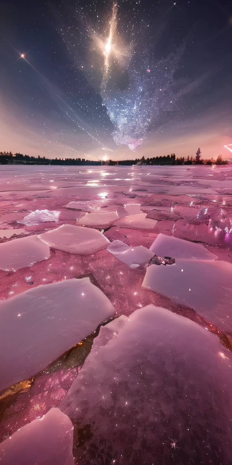 Alafid view of an ice field with one star in the sky, magical sparkling lake, pink landscape, glowing crystals on the ground, surreal frozen landscape, Pink reflections, pink water in a large bath, Sparkling ice, Magnificent background, beatiful background, pink slime everywhere, soft light 4 k in pink, floating crystals, Really beautiful nature
