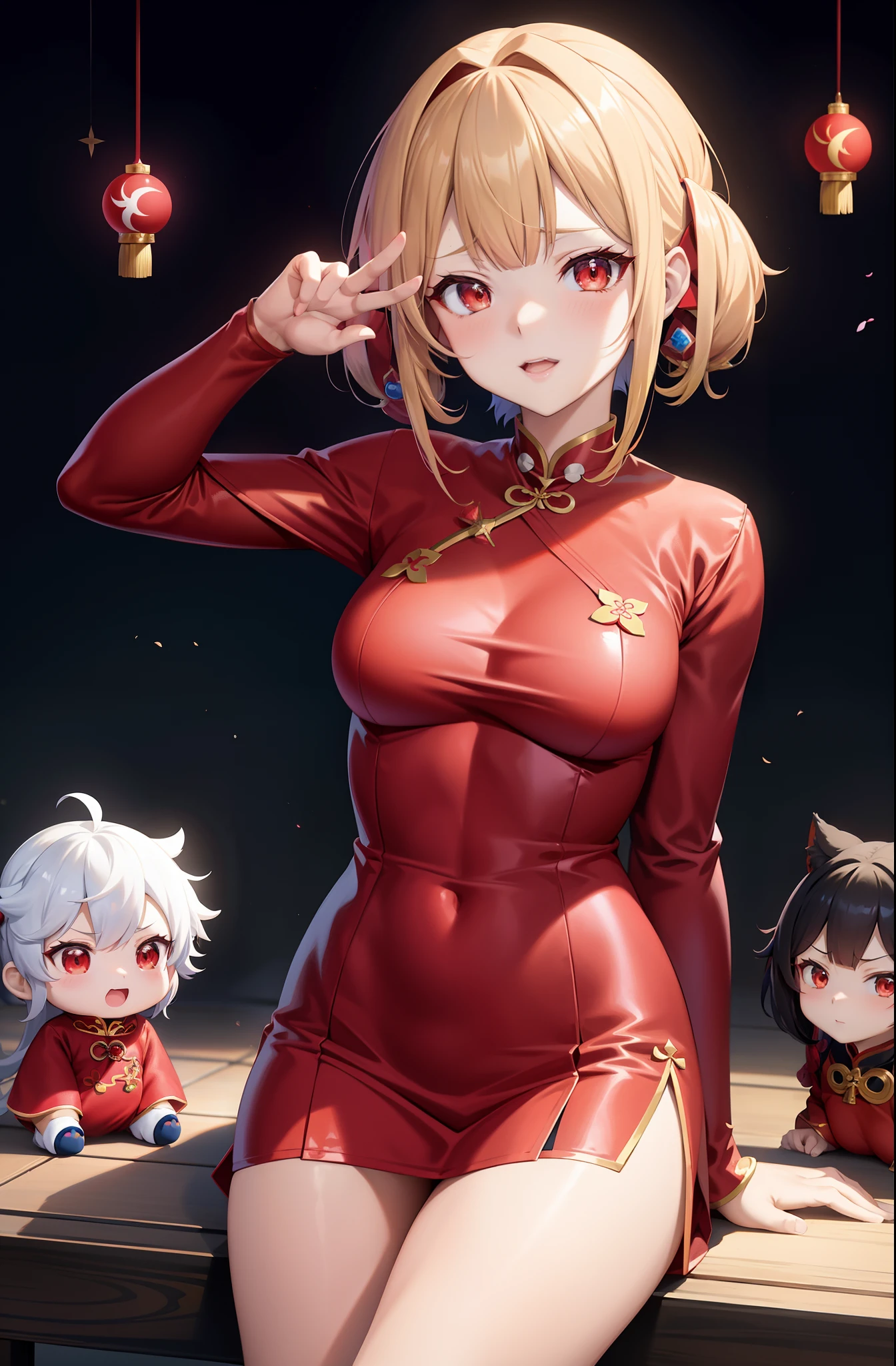 Anime girl in red costume posing with other anime characters, Trending on CGSTATION, characters from azur lane, by Yang J, inspired by Pu Hua, azur lane style, Trending on ArtStation pixiv, wearing red cheongsam, Ayaka Genshin Impact, high quality fan art, splash art anime loli, Lori
