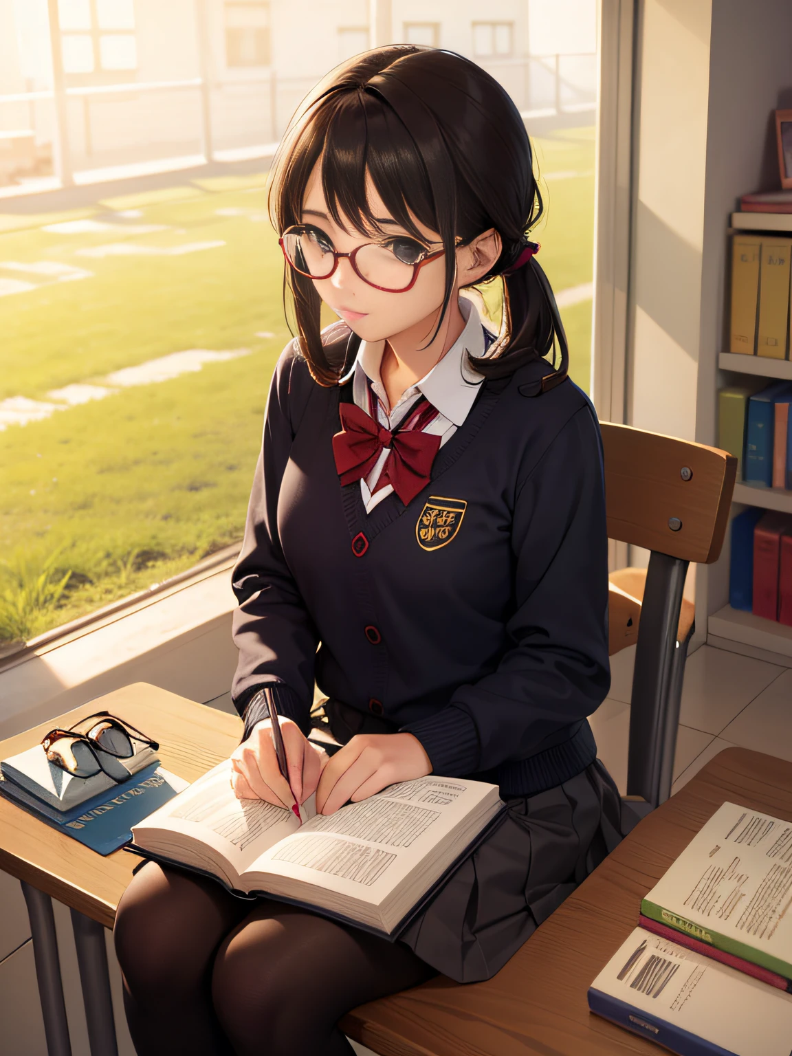 school ground，adolable，Quiet，girl wearing spectacles，Bookish