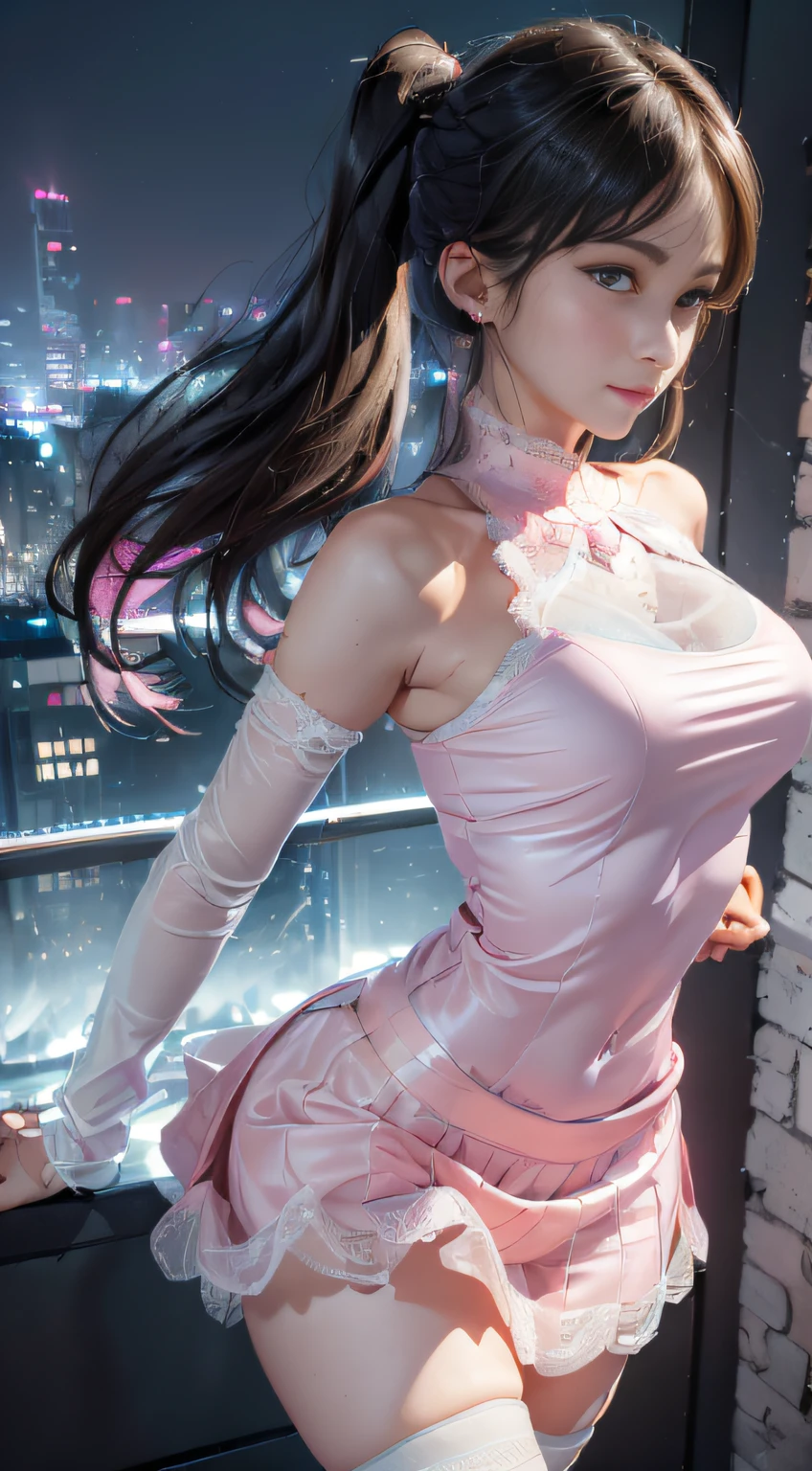 8K, Masterpiece, RAW photo, Best quality, Photorealistic, Extremely detailed Cg Unity 8K wallpapers, Depth of field, Cinematic light, Lens flare, Ray tracing, (Extremely beautiful face, Beautiful lips, Beautiful eyes), intricate detail face, ((ultra detailed skin)) 1girll, In the dark, deepshadow, Pretty Korean girl, Kpop idol,(Very slim and slender muscular body:1.3), ((view the viewer)),(Big smile:1.3), (bodycon minidress), (Injection sleeve) , (Dim lights, (neon lights sign), (Big building), City Night, Cityscape ), (No one is in the background:1.3), Pretty Korean girl, Earrings, bangle, Dia necklace, Pantyhose, Clear eyes, Walking , front footage, (Pale skin), Face forward, (Big eyes), ((upperbody shots)), ((silk tie)), ((Pink, white dresses:1.3)), (view the viewer:1.3), (see through, laced dress), Open breasts, Hermès bag