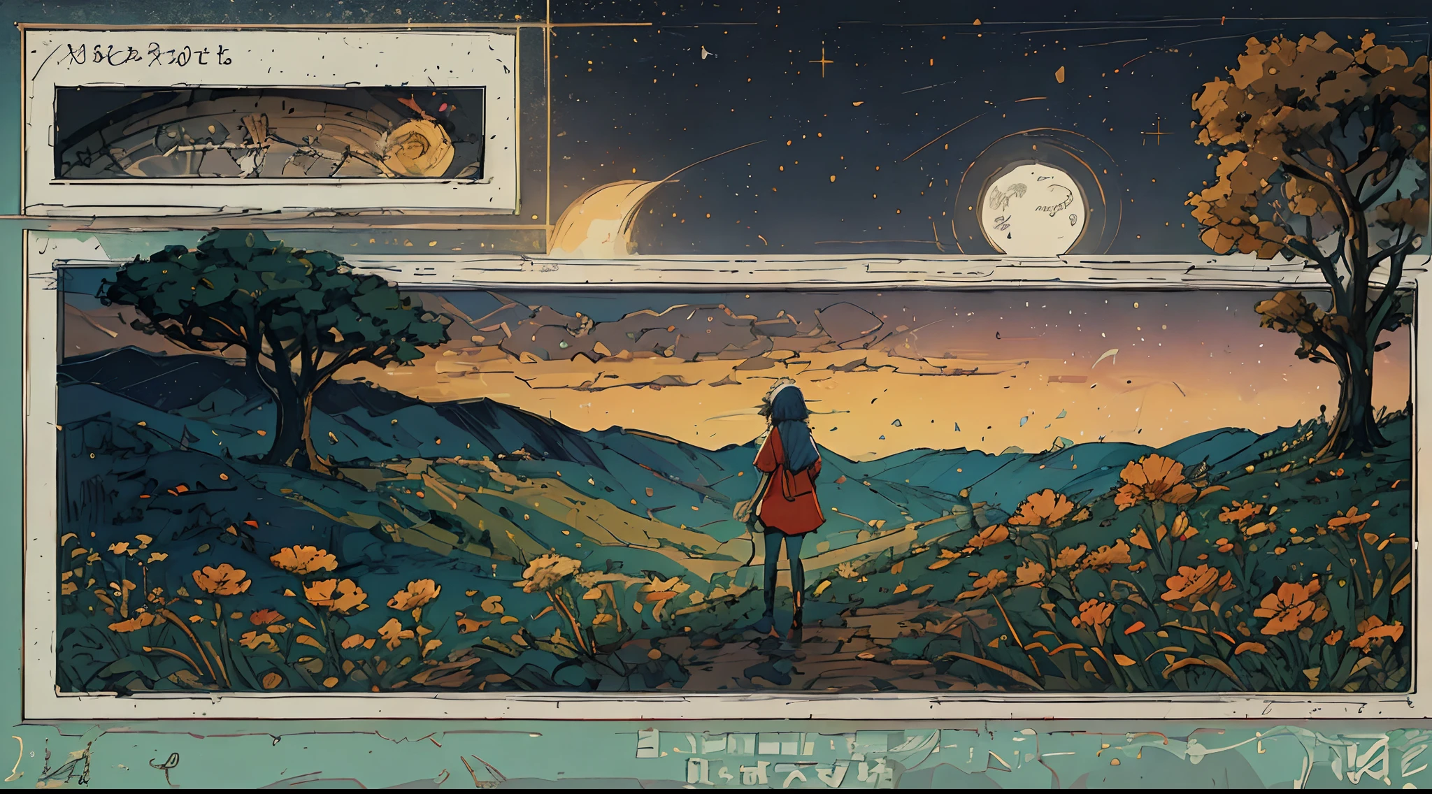 Expansive landscape photograph, (view from below with a view of the sky and wilderness below), little girl standing in a flower field looking up, (full moon: 1.2), (shooting star: 0.9), (nebula: 1.3), distant mountain, tree break production art, (warm light source: 1.2), (firefly: 1.2), lamp, purple and orange, intricate detail, volume lighting, realism break (masterpiece: 1.2) (Best Quality), 4K, Ultra-Detailed, (Dynamic Configuration: 1.4), Highly Detailed and Colorful Details, (Iridescent Colors: 1.2), (Glowing Lighting, Atmospheric Lighting), Dreamy, Magical, (Solo: 1.2)