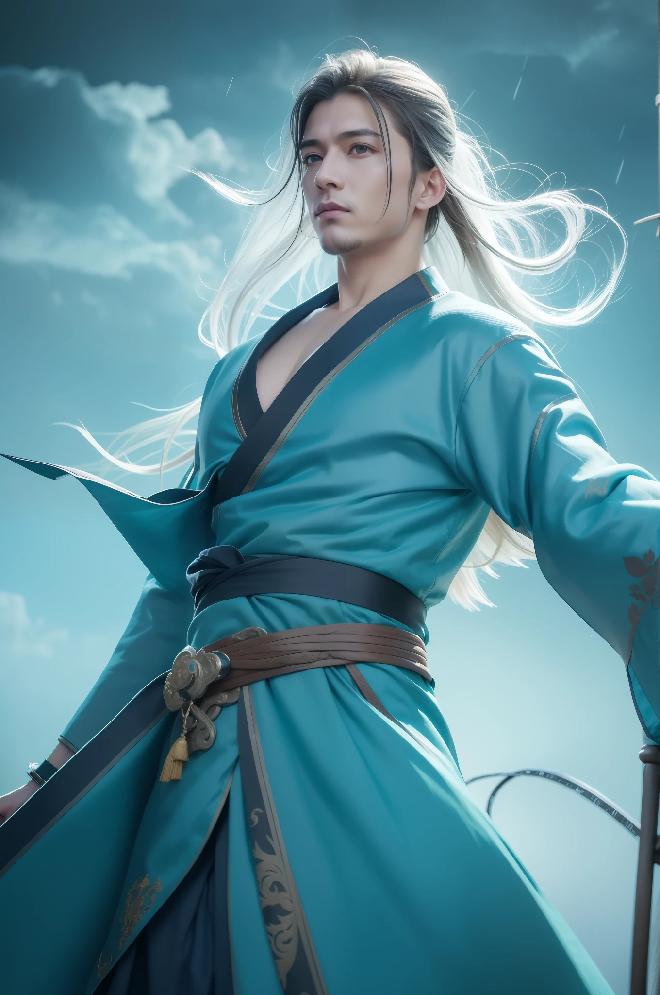 best qualtiy,tmasterpiece,超A high resolution,4K,Realiy,arma,详细的脸,full bodyesbian,jacket,A high resolution,ultra - detailed,chineseidol,one male,age 60,Tall guy,Broad shoulders,mid - length hair,Light beard,Pale cyan eyes,Fine eyes and detailed face with intricate details,(Style swirl magic:0.7),Just look at the audience,(full bodyesbian:0.8),detailed back ground,详细的脸,hair flowing in the wind,Martial artist,dynamicposes,Fighting posture,and clench your fist,Dragon Theme Costume,Monk's robe,Cloudy background,Heavy rain,Lots of huge tornado background,Lots of huge tornado background,Lots of spinning floating particles,dynamic compositions,Hanfu,Lots of tornadoes,Lots of tornadoes,The pale cyan water is flowing,Taoist,immortal,Authentic texture。