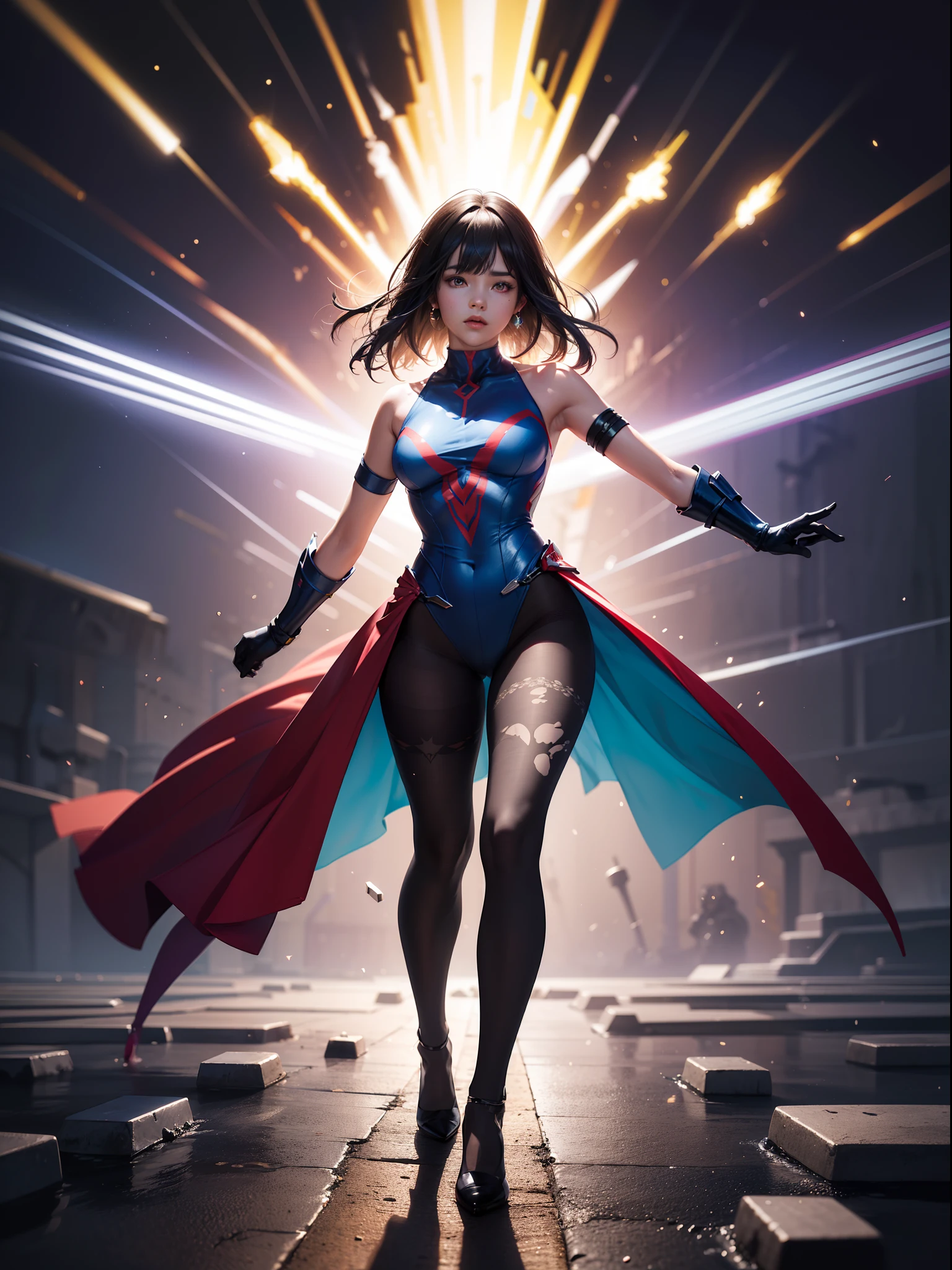 (full body:1.5),(1girl:1.3),(view the viewer:1.4),(anatomy correct:1.45),(Wear printed fantasy Ultraman tight point-toe heels ,and very thick printed pantyhose :1.35), (Light particle effect:1.3),(In pink | amarelo | blue colors| green color |red colour | white colors| black in color| purpleish color| greys| Beige| Flesh color 1.4),(Glowing eyes:1.3),(Large amplitude action: 1.3),(Accurate and perfect face:1.4),hyper HD, Ray traching, reflective light,structurally correct, Award-Awarded, high detal, lightand shade contrast, Face lighting,cinmatic lighting, tmasterpiece, super detailing, high high quality, high detal, best qualityer, 16k,High contrast,