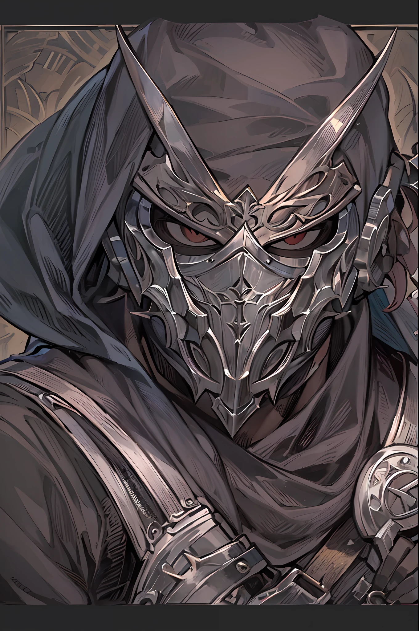 anime style, anime, peplos, greek clothes, mature male, muscular, blacksmith, Masterpiece, absurdres, fine detail, HDR, solo, upper body,, (wearing a metal mask that covers his entire face),