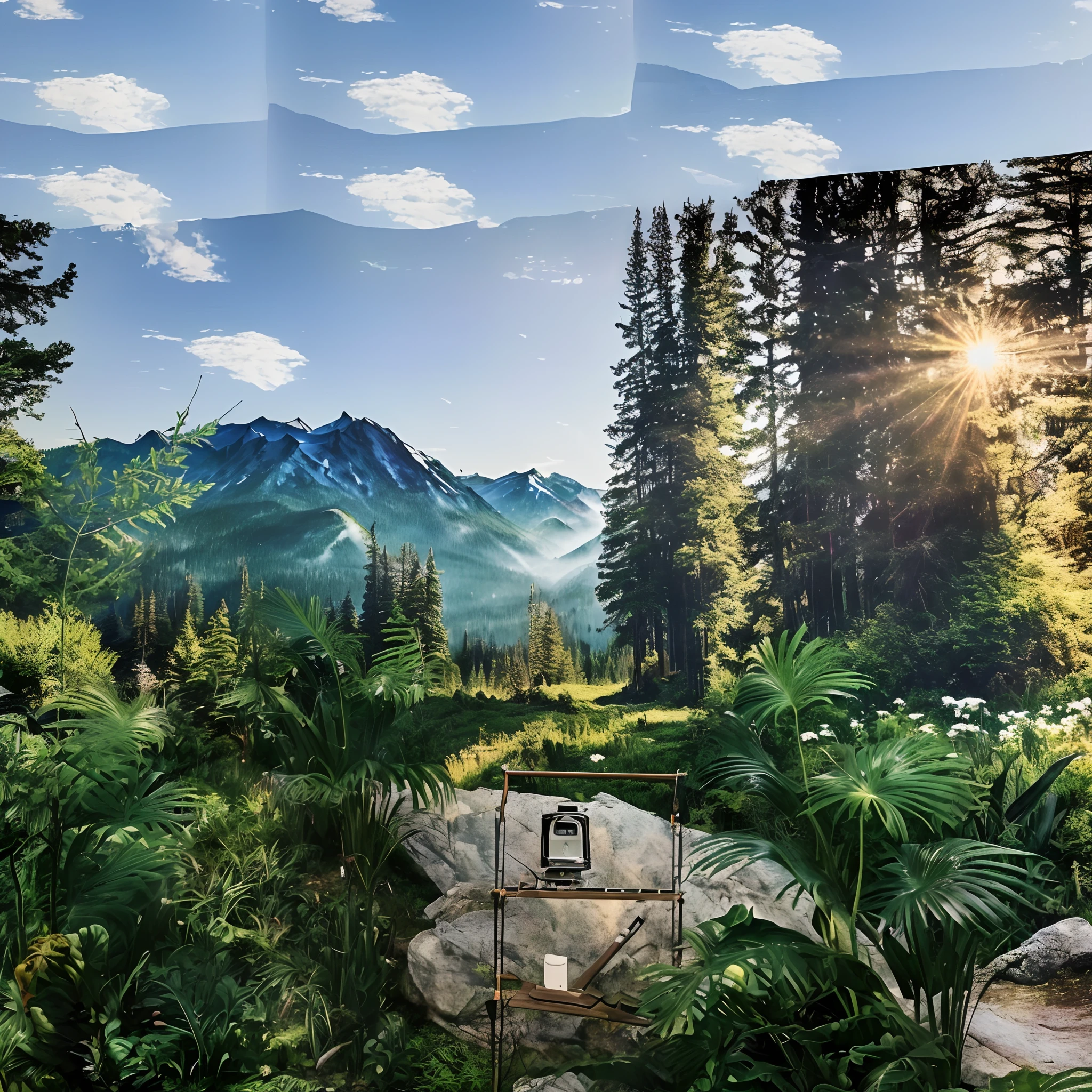 There is a picture of a mountain view mural, all in the amazing outdoors view, forest backgrou, Detailed scenery —width 672, Surreal phantom landscape, heaven on earth, detailed scenic view, lush vista, 3D landscape, 3 d landscape, hyperrealistic landscape, stunning nature in background, Inflatable landscape with forest, in a scenic background