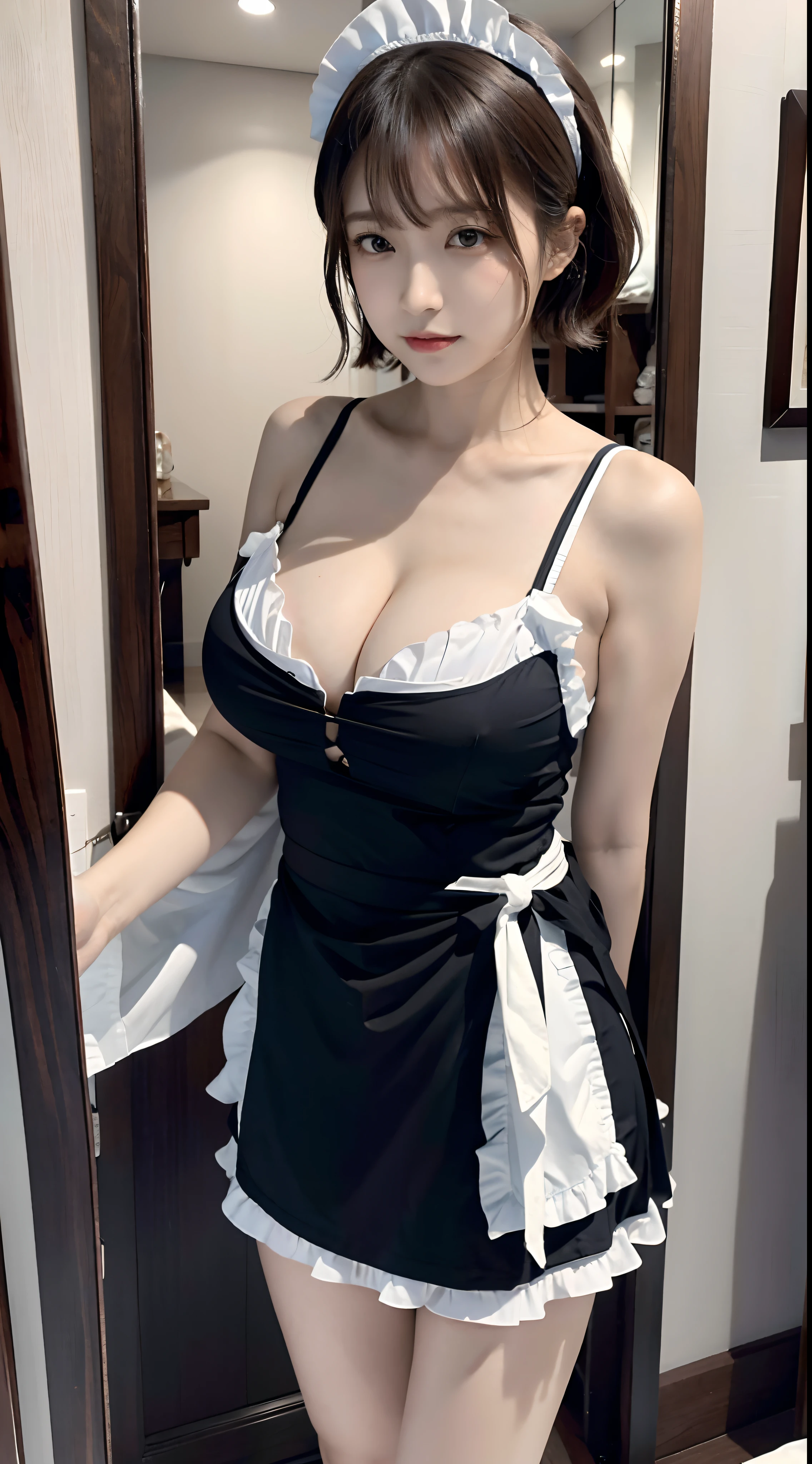 (4k, Highest Quality), (realisitic, Photorealistic), (Yakian),
1 Girl, Solo, upper half body, (Attribution to viewers),
perfect hand, looking_al_viewer, fair face, Short hair, (tits huge, cleavage:1.2), Maid, maid apron, maid headdress,18 years-old、乃木坂アイドル、pornstar、韓国アイドル、gravure idol, Wiping the mirror, s whole body,
