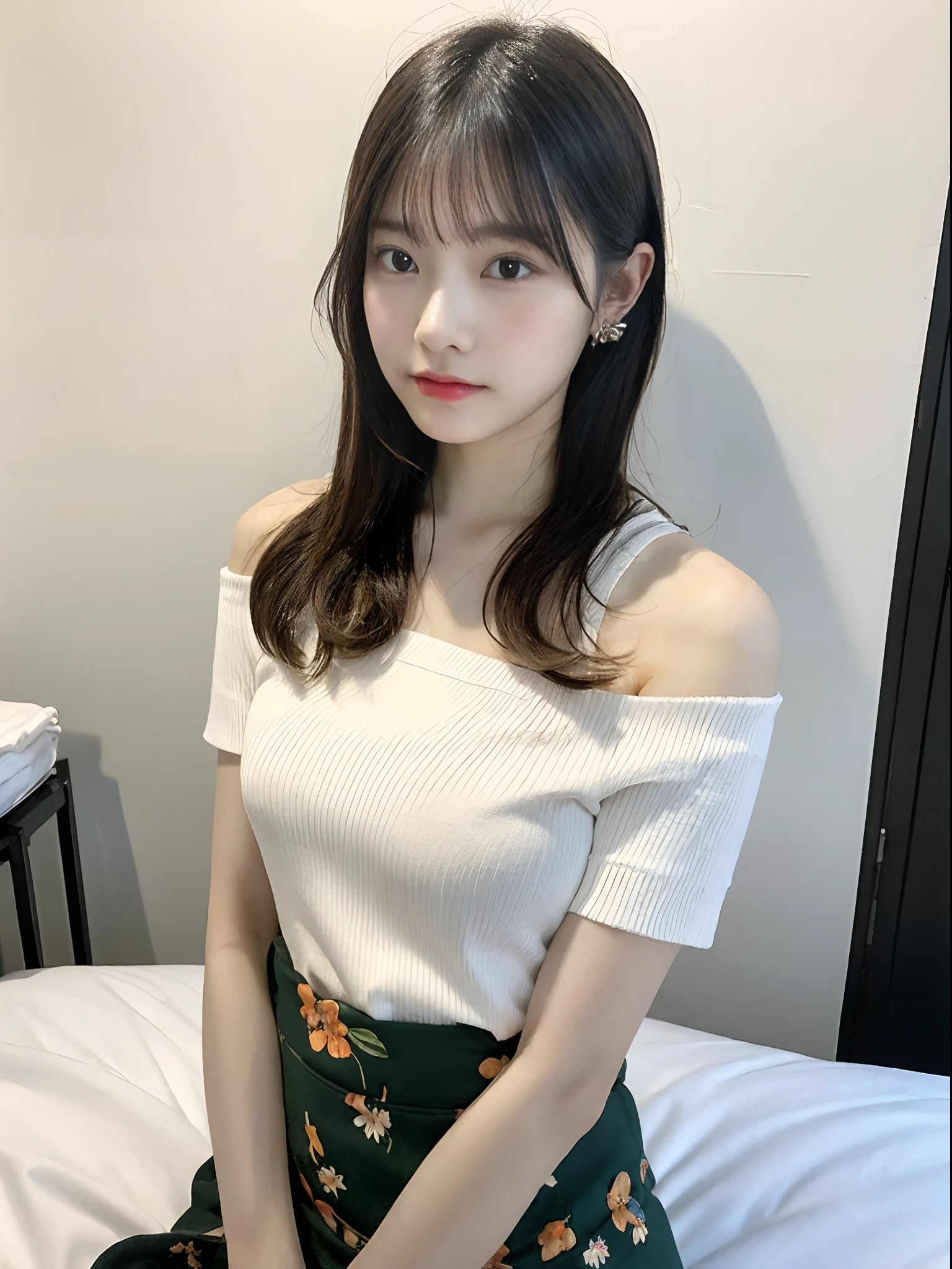 aika, 1girl, solo, long hair:1.5, looking at viewer, blush, bangs, closed mouth, green eyes, orange hair, shy, tsundere, jewelry, collarbone, off-shoulder shirt, white shirt, puffy short sleeves, belt, skirt, floral print, bare legs, masterpiece,best quality,ultra-detailed,very detailed illustrations,extremely detailed,intricate details,highres,super complex details,extremely detailed 8k cg wallpaper, caustics,reflection,ray tracing, blush, background, illustration, bare legs, liying on bed, on back, bed, (lift skirt),