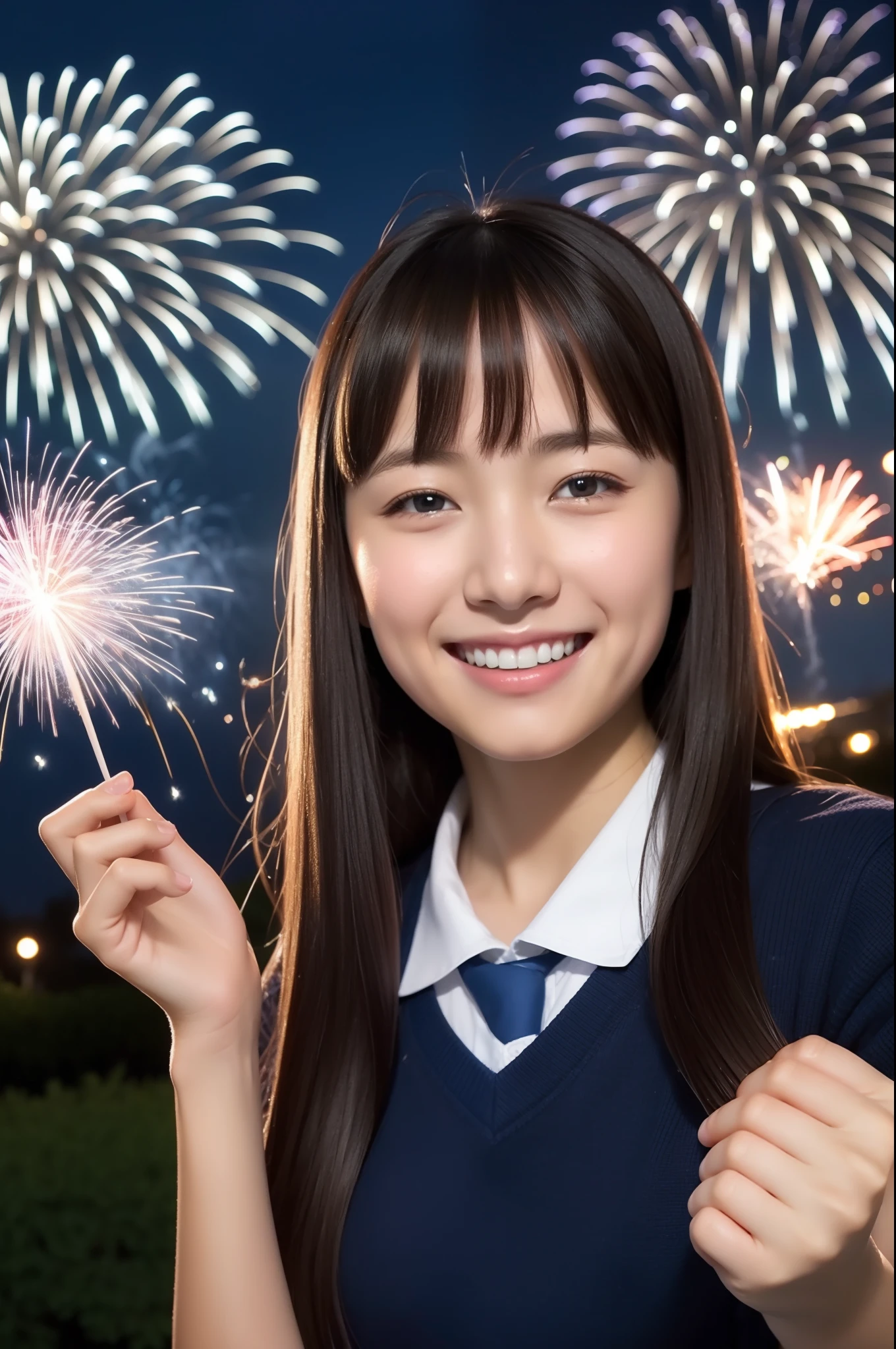 A smile、hi-school girl、While doing fireworks、mare