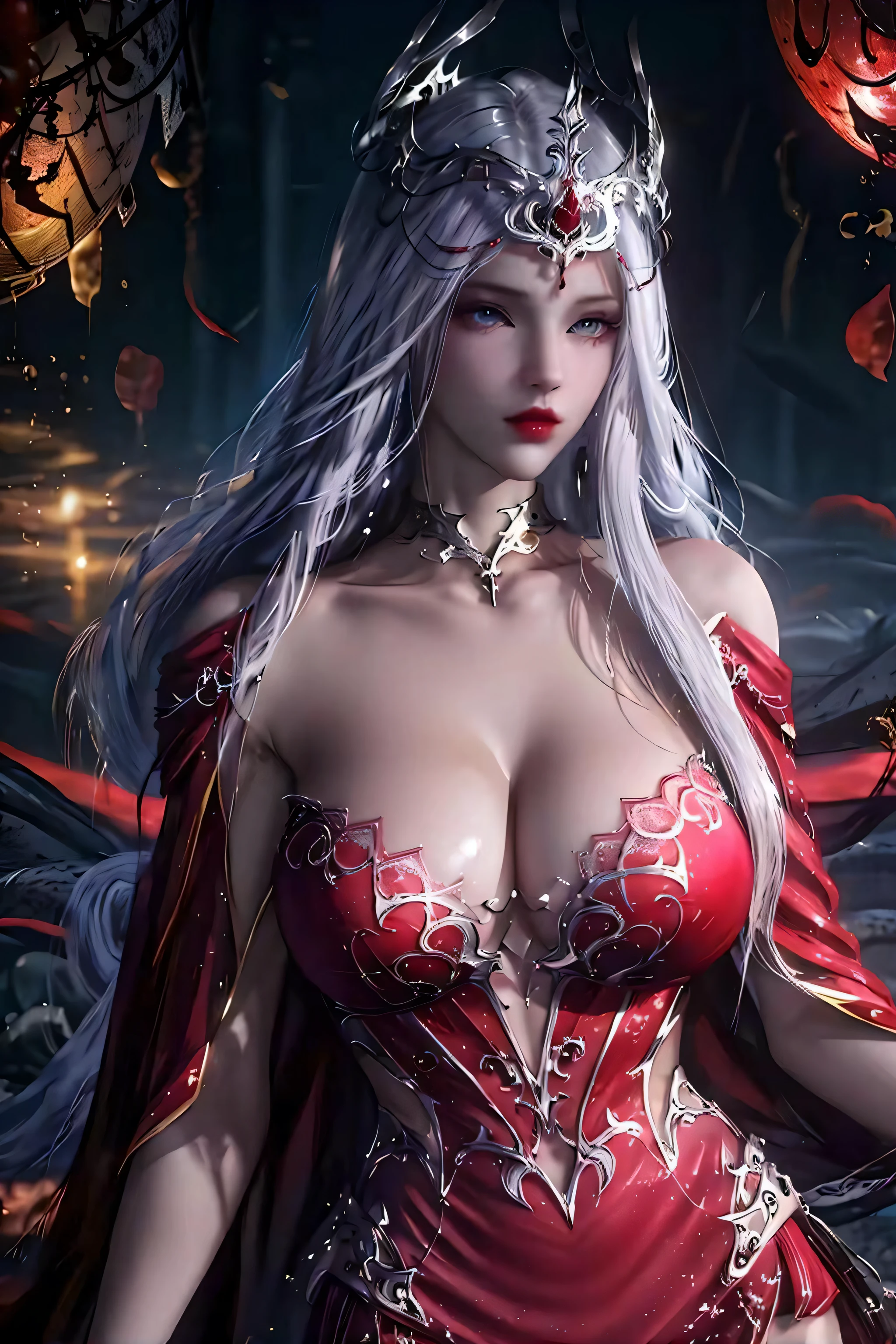 One wearing a red dress，Close-up of a woman with a crown on her head, Beautiful and elegant demon queen with bursting breasts and no clothes, beautiful female witch, Epic fantasy art style HD, Fantasy Woman, beautiful female witch, 8K high quality detailed art, detailed fantasy art, Fantasy art style, beautiful and seductive anime woman, a beautiful succubus, beautiful vampire queen