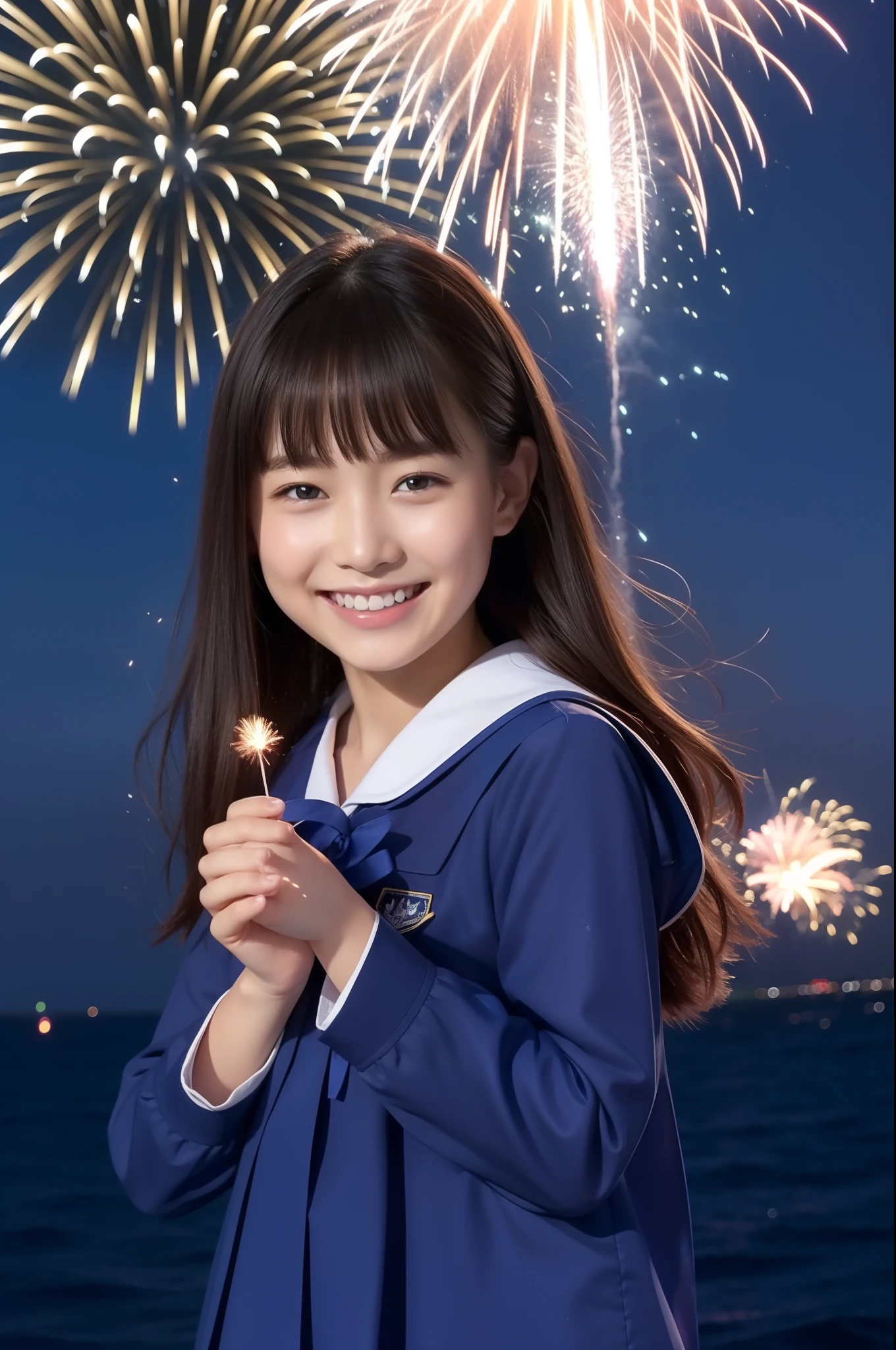 A smile、hi-school girl、While doing fireworks、mare