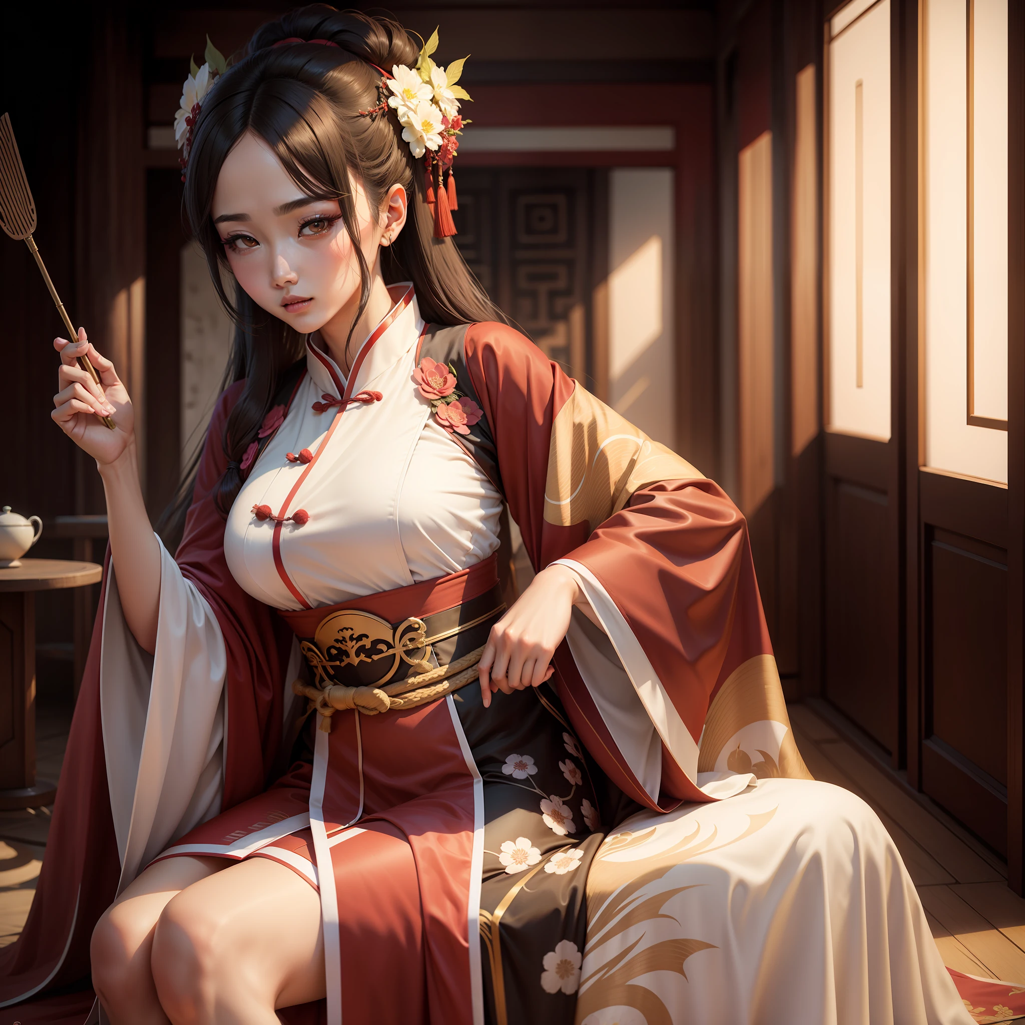 ((High Definition Chinese Traditional Ink Painting, hanfu)), Eye size, Drooping eyes, Smile, (((Full and soft breasts,)))(((Large Breasts))) (((Cleavage))),((Open your legs, Standing with my crotch slammed against the corner of the table)), ((, Large areola, , Intense mating)), Old fashion, open mouth,