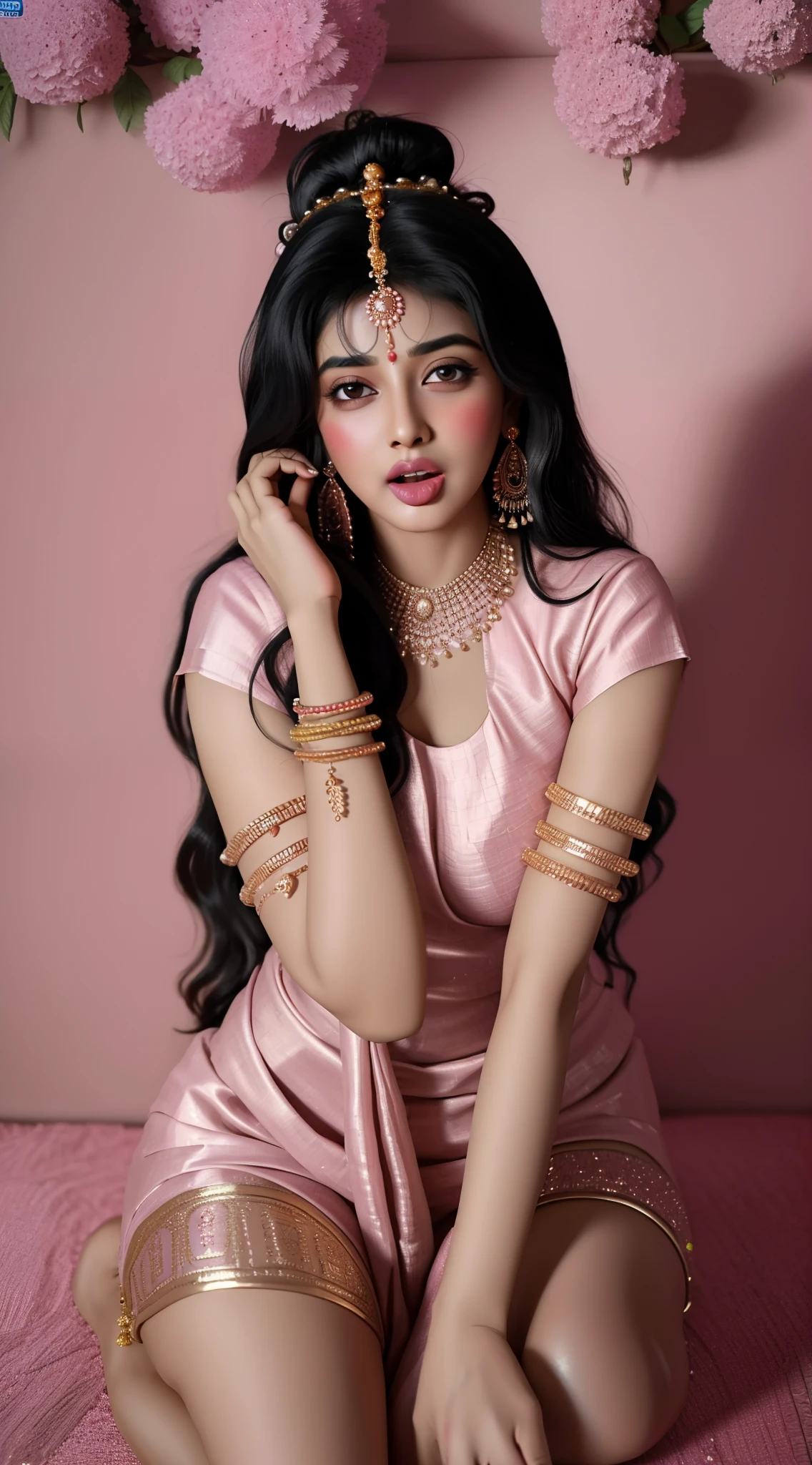 Indian goddess women, black hair, Realistic, smelling, shy, blush, tongue out, licking lips, expressions, ear blush, full blush, naughty, Surrealism, 8k, super detail, masterpiece, masterpiece, masterpiece, retina, UHD, super detail, high quality, best quality, 1080P, HD, 16k, salwar suit